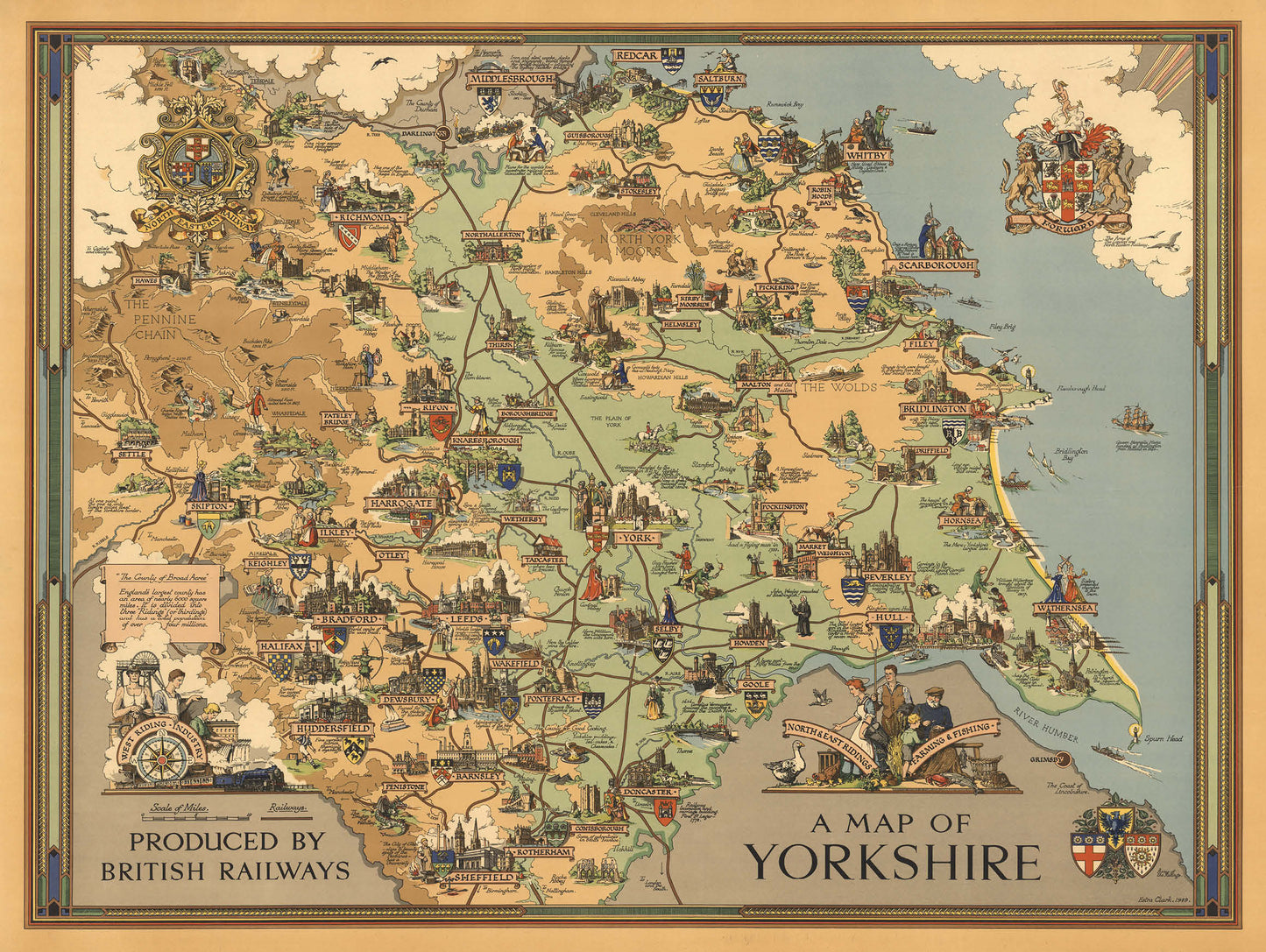Old Map of Yorkshire | Vintage England | British Map | Pictorial Map | Interesting Maps | York | Hull | Bridlington | Scarborough | Beverley