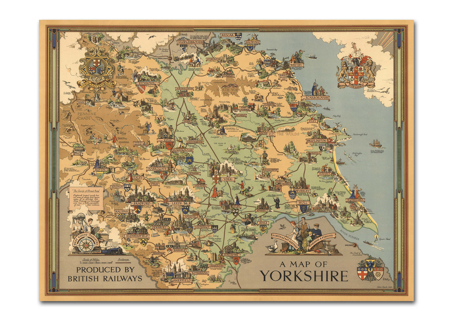 Old Map of Yorkshire | Vintage England | British Map | Pictorial Map | Interesting Maps | York | Hull | Bridlington | Scarborough | Beverley