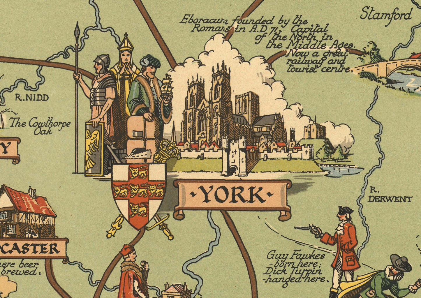 Old Map of Yorkshire | Vintage England | British Map | Pictorial Map | Interesting Maps | York | Hull | Bridlington | Scarborough | Beverley