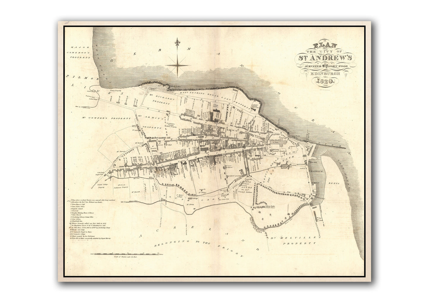 Old Map of St. Andrews | Ancient Scottish Map | Fine Art Print | Antique town survey by John Wood, St Andrews University, from 1820