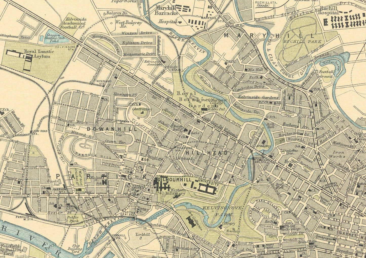 Old Map of Glasgow, Scotland 1912 | Vintage Poster Wall Art Print | Alexander Park | Necroplois | River Clyde | Plan of Glasgow