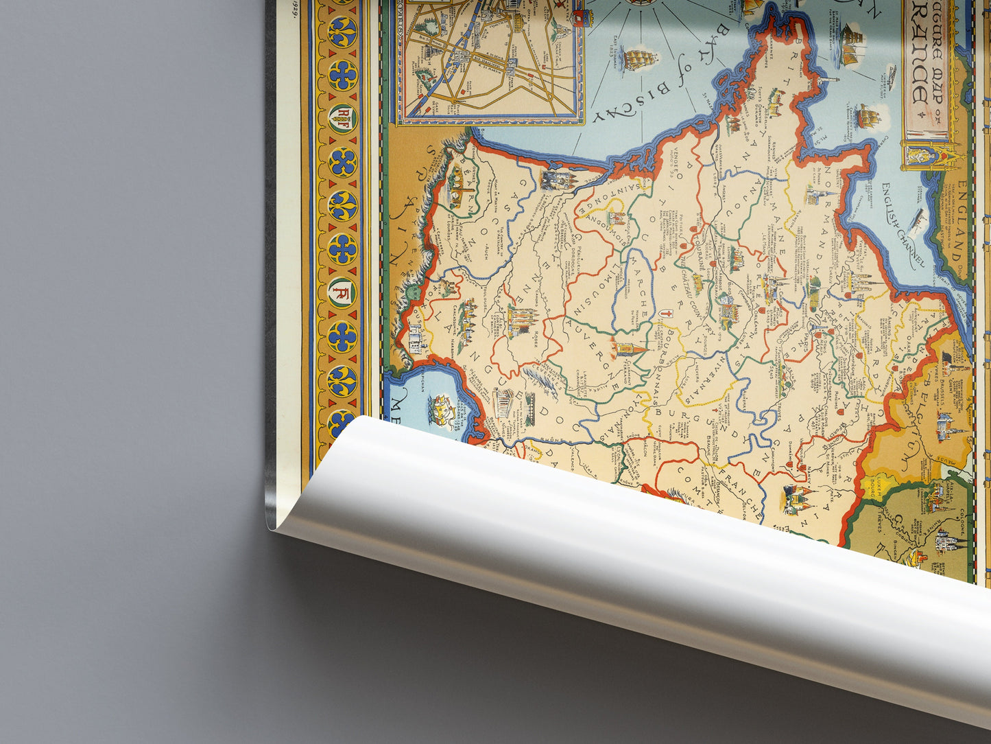 Picture Map of France, Home Decor, housewarming gift, antique map, large poster