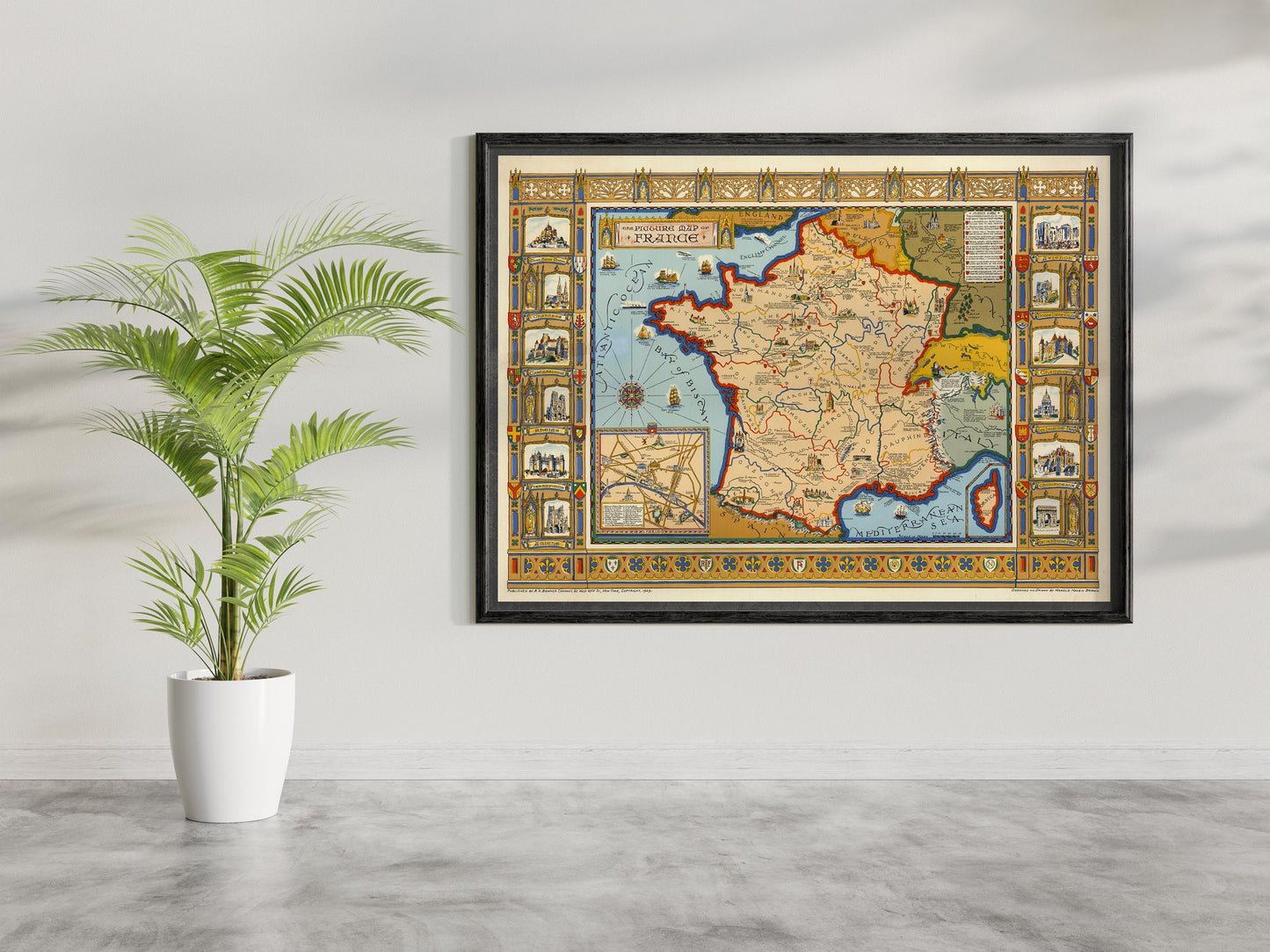 Picture Map of France, Home Decor, housewarming gift, antique map, large poster