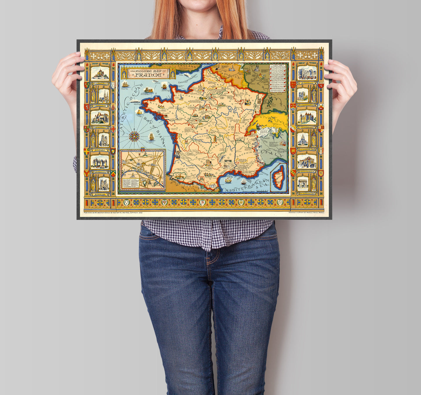 Picture Map of France, Home Decor, housewarming gift, antique map, large poster