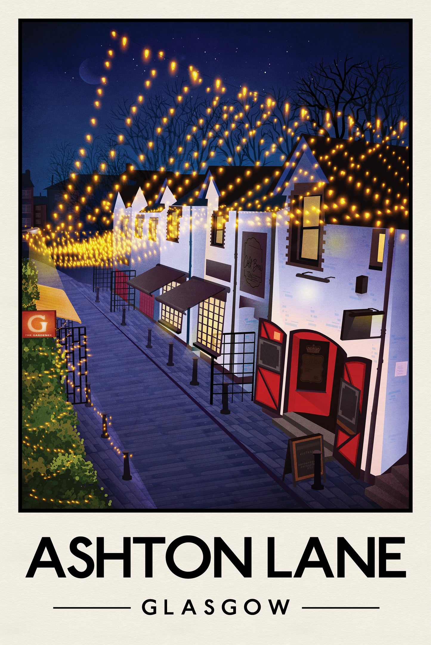 Ashton Lane Poster, Glasgow West End street illustration, Glasgow Print, Scottish Art, Scottish