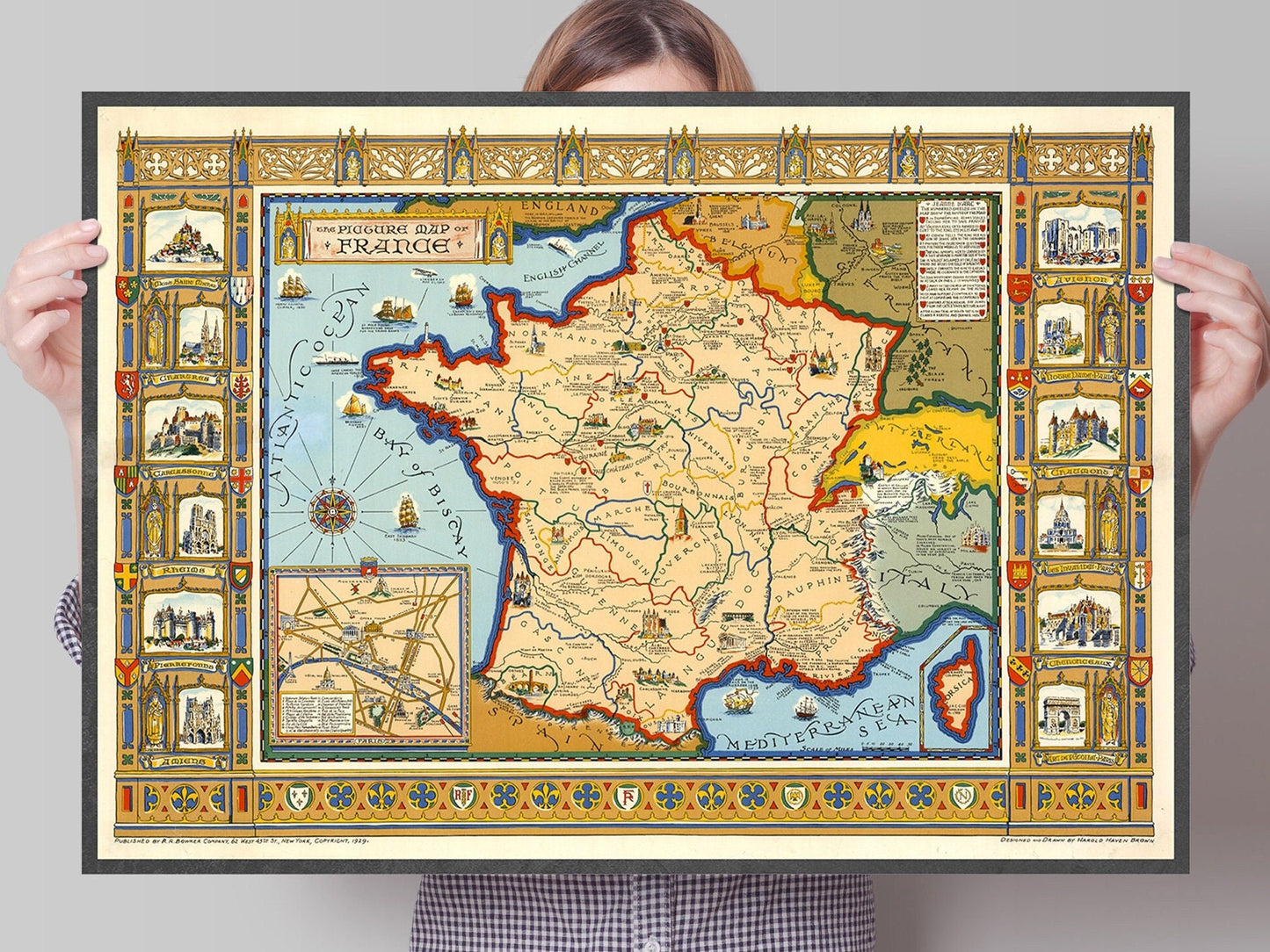 Picture Map of France, Home Decor, housewarming gift, antique map, large poster
