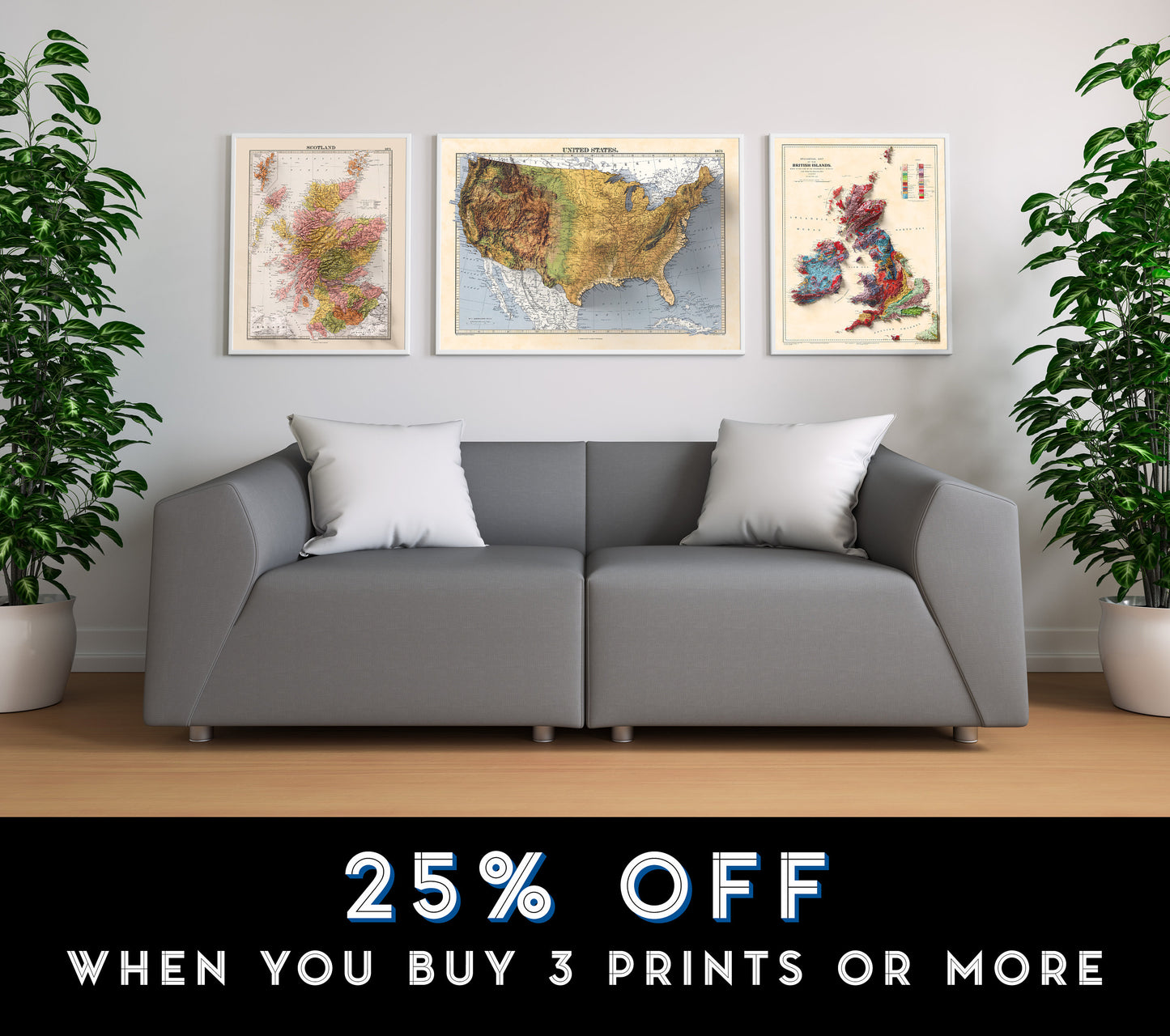 USA terrain relief map - 2D Giclée Print - 3D effect shaded relief Poster of the United States - - Vintage Style 1871 America Elevation Map