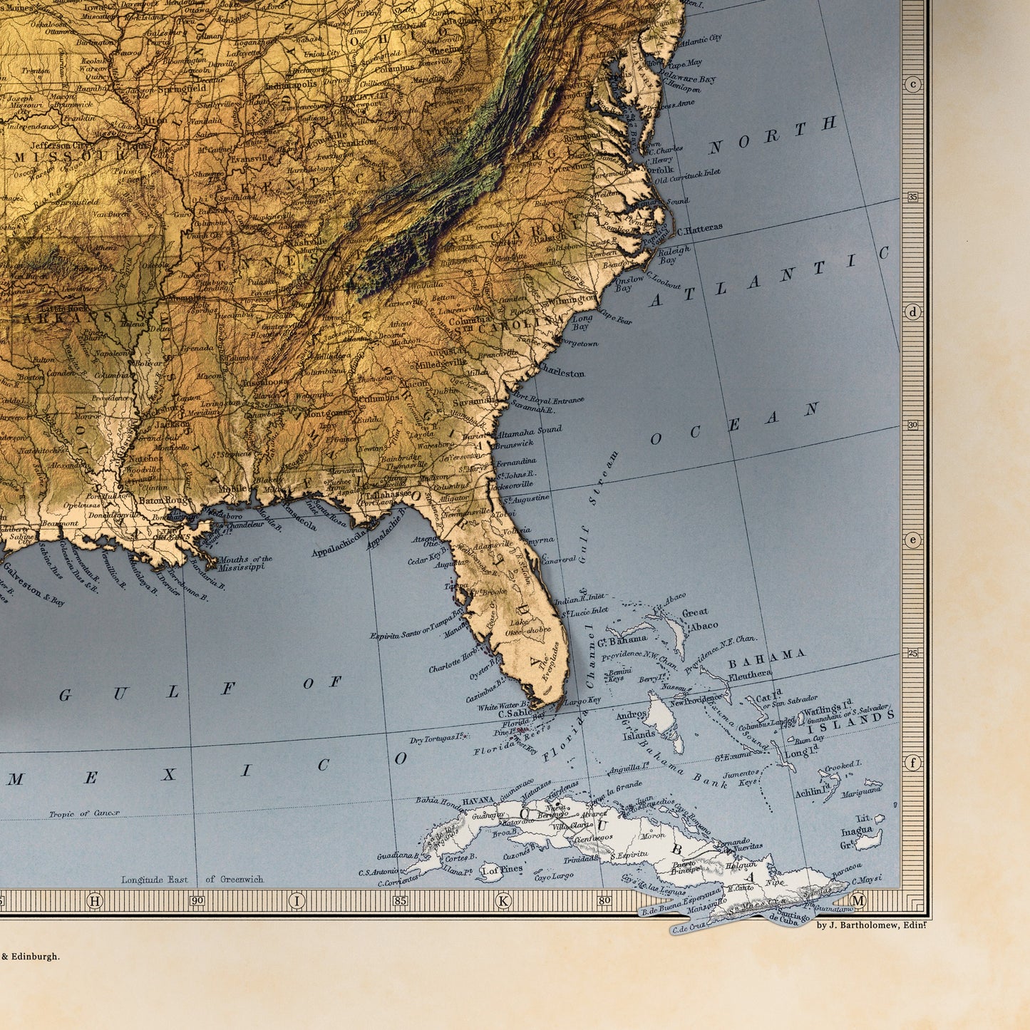USA terrain relief map - 2D Giclée Print - 3D effect shaded relief Poster of the United States - - Vintage Style 1871 America Elevation Map