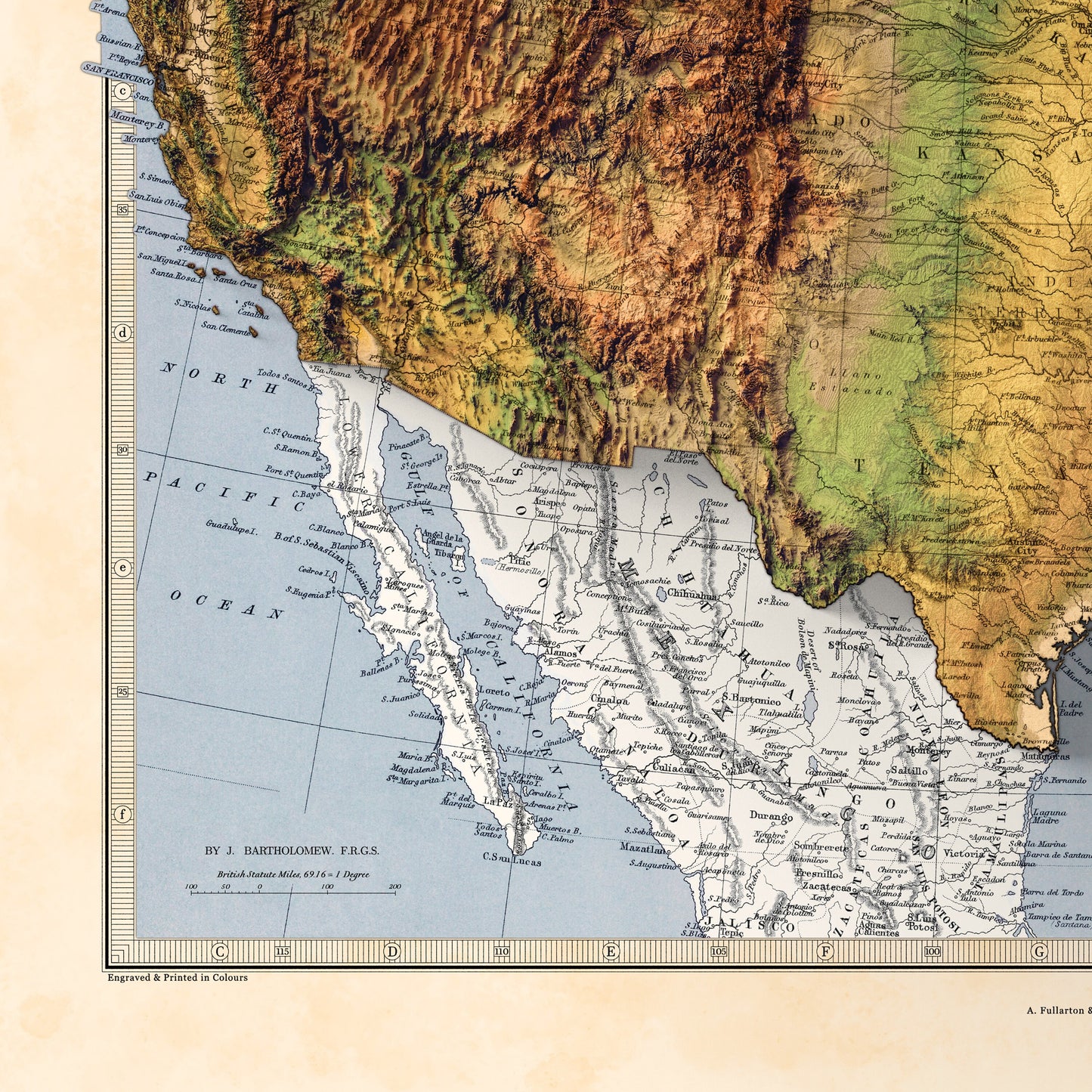 USA terrain relief map - 2D Giclée Print - 3D effect shaded relief Poster of the United States - - Vintage Style 1871 America Elevation Map