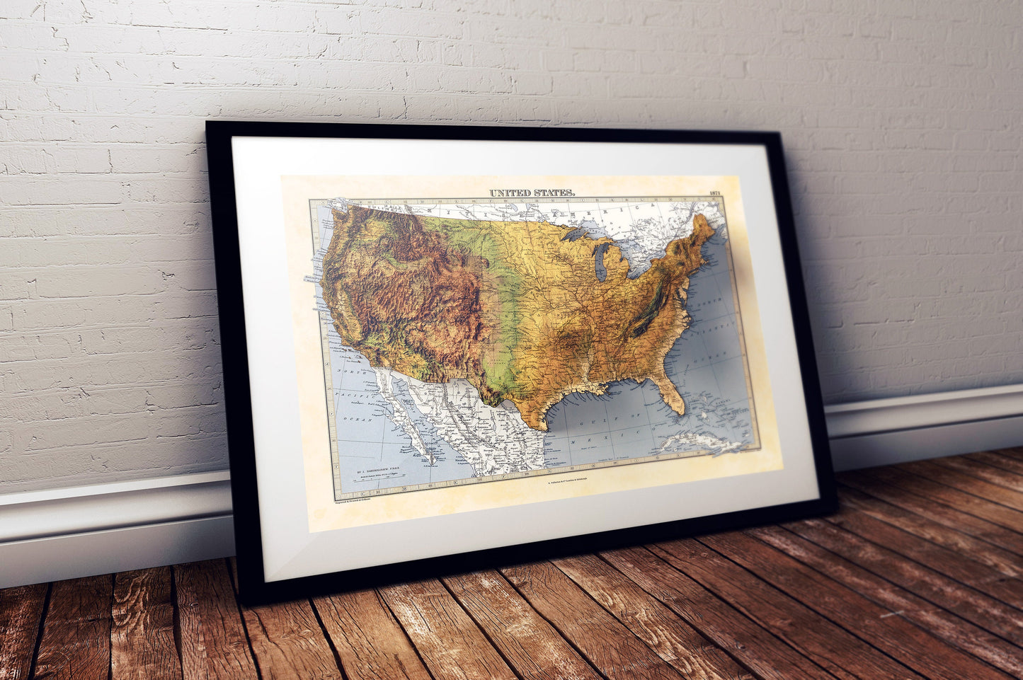 USA terrain relief map - 2D Giclée Print - 3D effect shaded relief Poster of the United States - - Vintage Style 1871 America Elevation Map