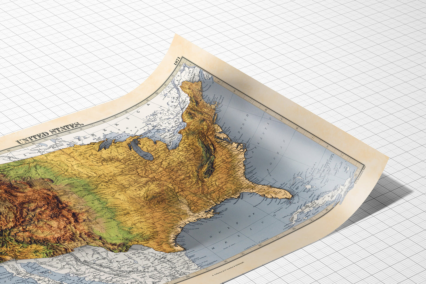 USA terrain relief map - 2D Giclée Print - 3D effect shaded relief Poster of the United States - - Vintage Style 1871 America Elevation Map