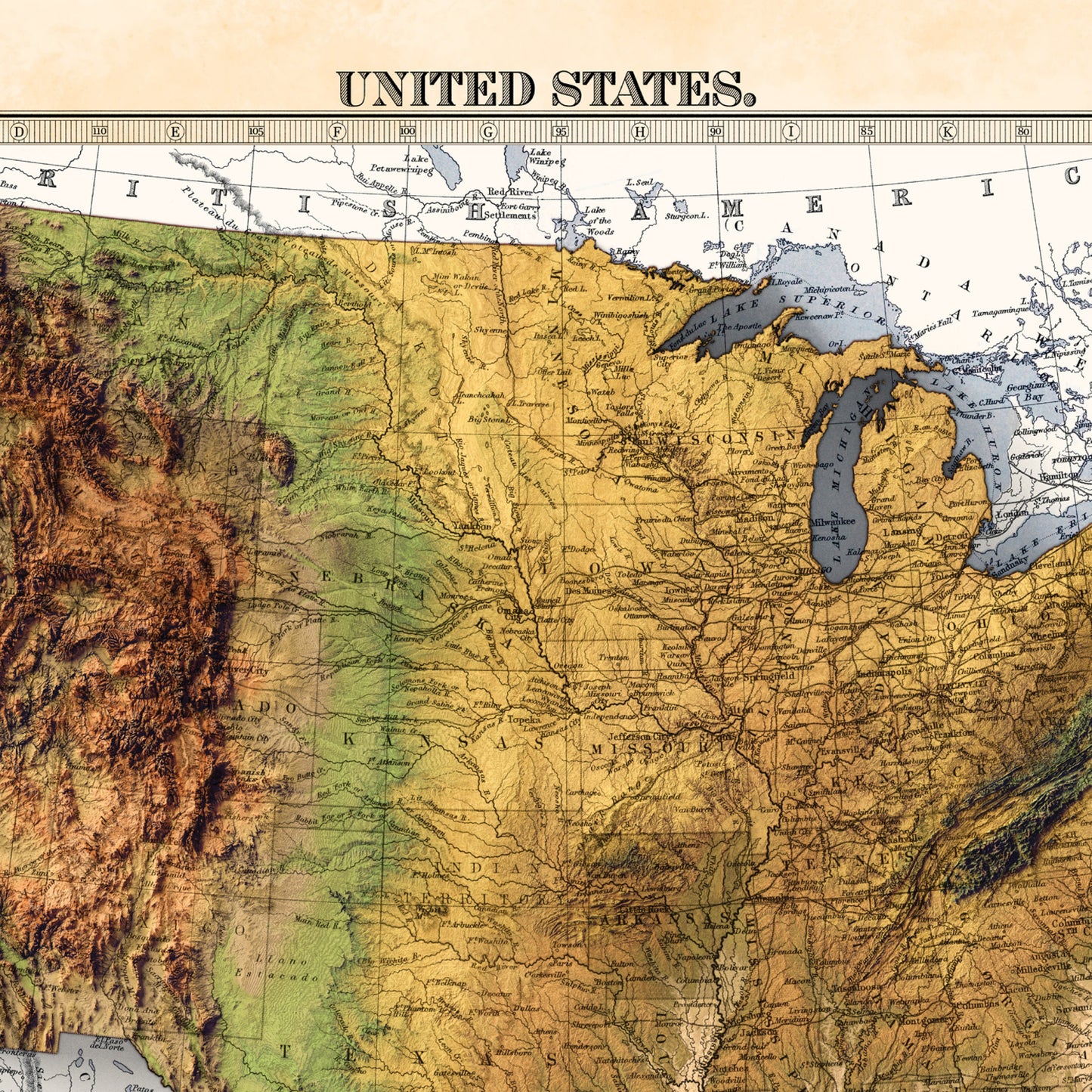 USA terrain relief map - 2D Giclée Print - 3D effect shaded relief Poster of the United States - - Vintage Style 1871 America Elevation Map
