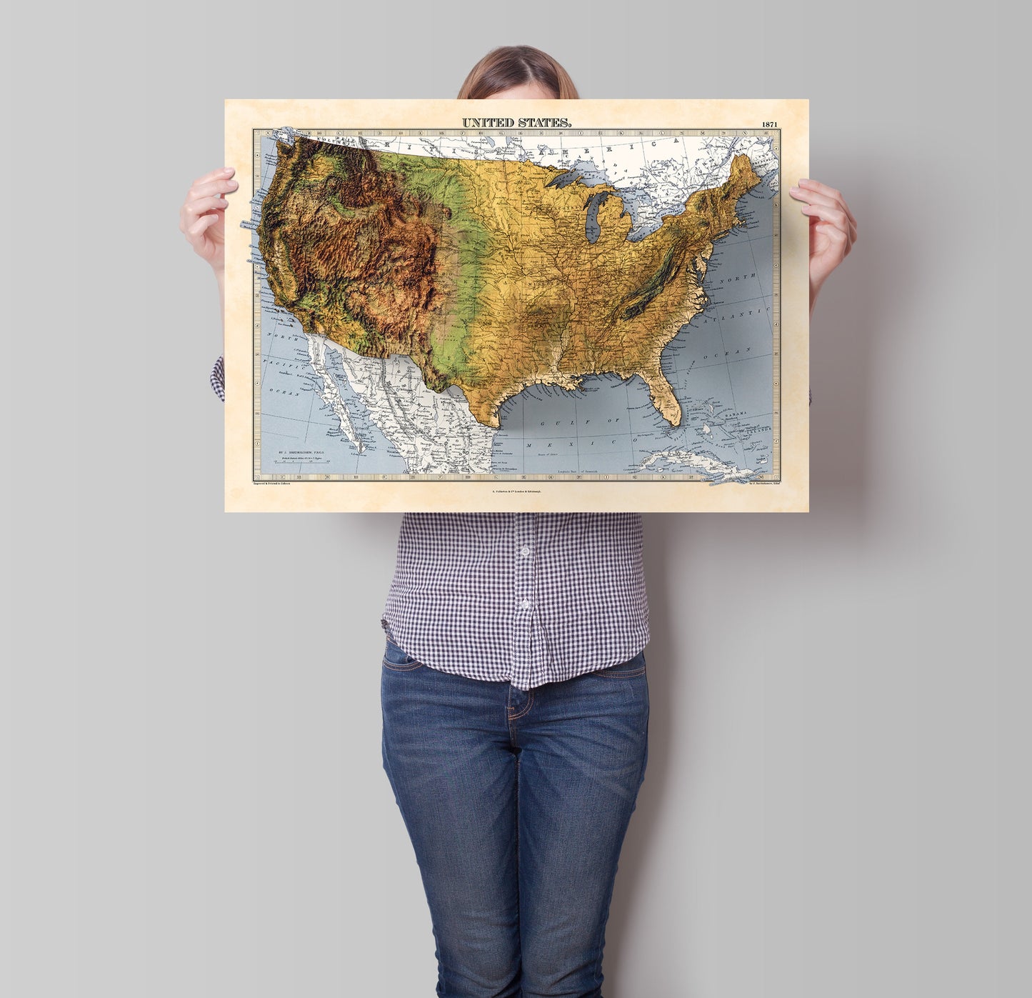 USA terrain relief map - 2D Giclée Print - 3D effect shaded relief Poster of the United States - - Vintage Style 1871 America Elevation Map