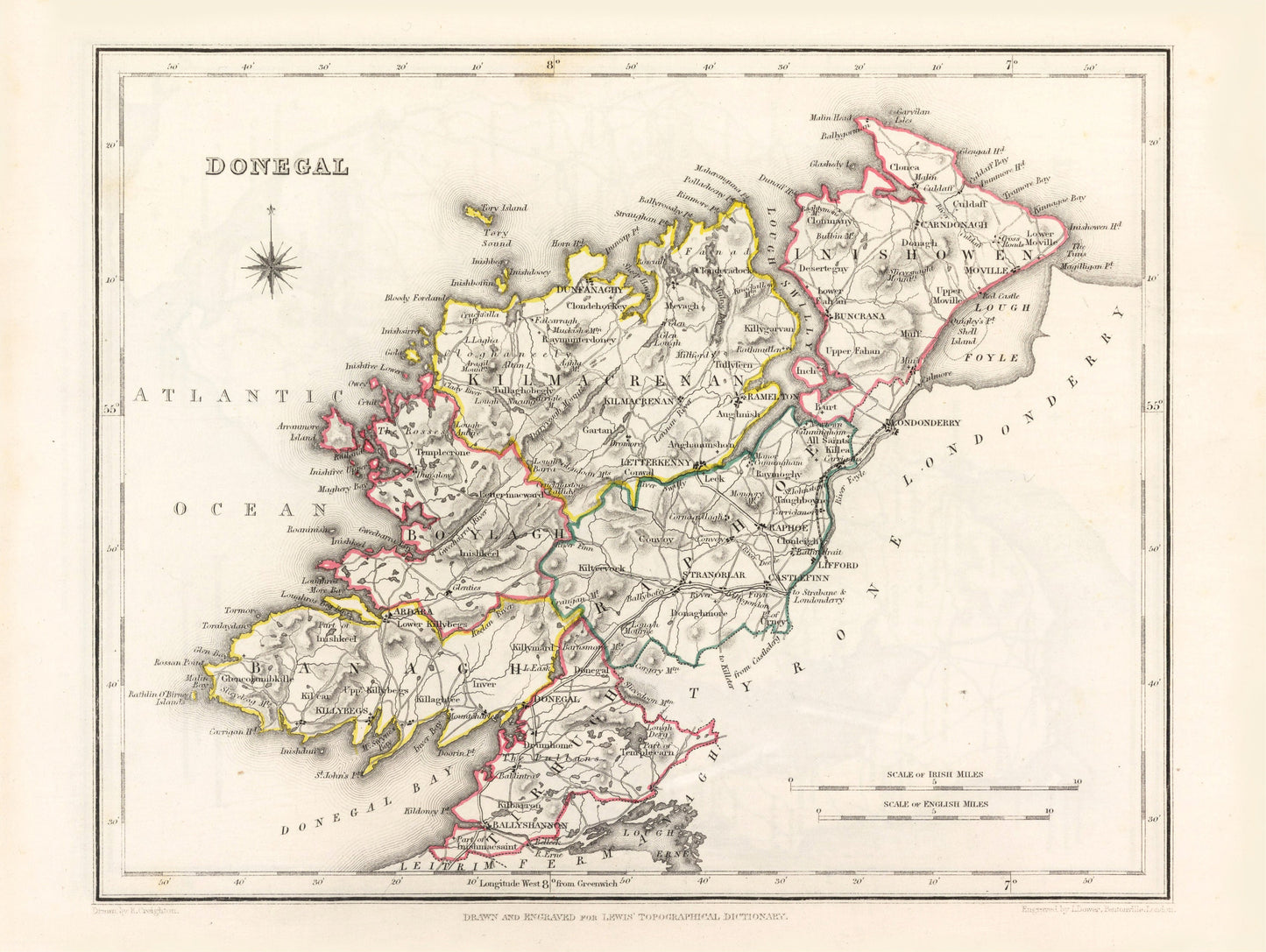 Donegal Map, Old Vintage Irish Print, Donegal County - Banagh - Tirhugh - Boylagh - Kilmacrenan - Inishowen - Ardara - Irish Poster
