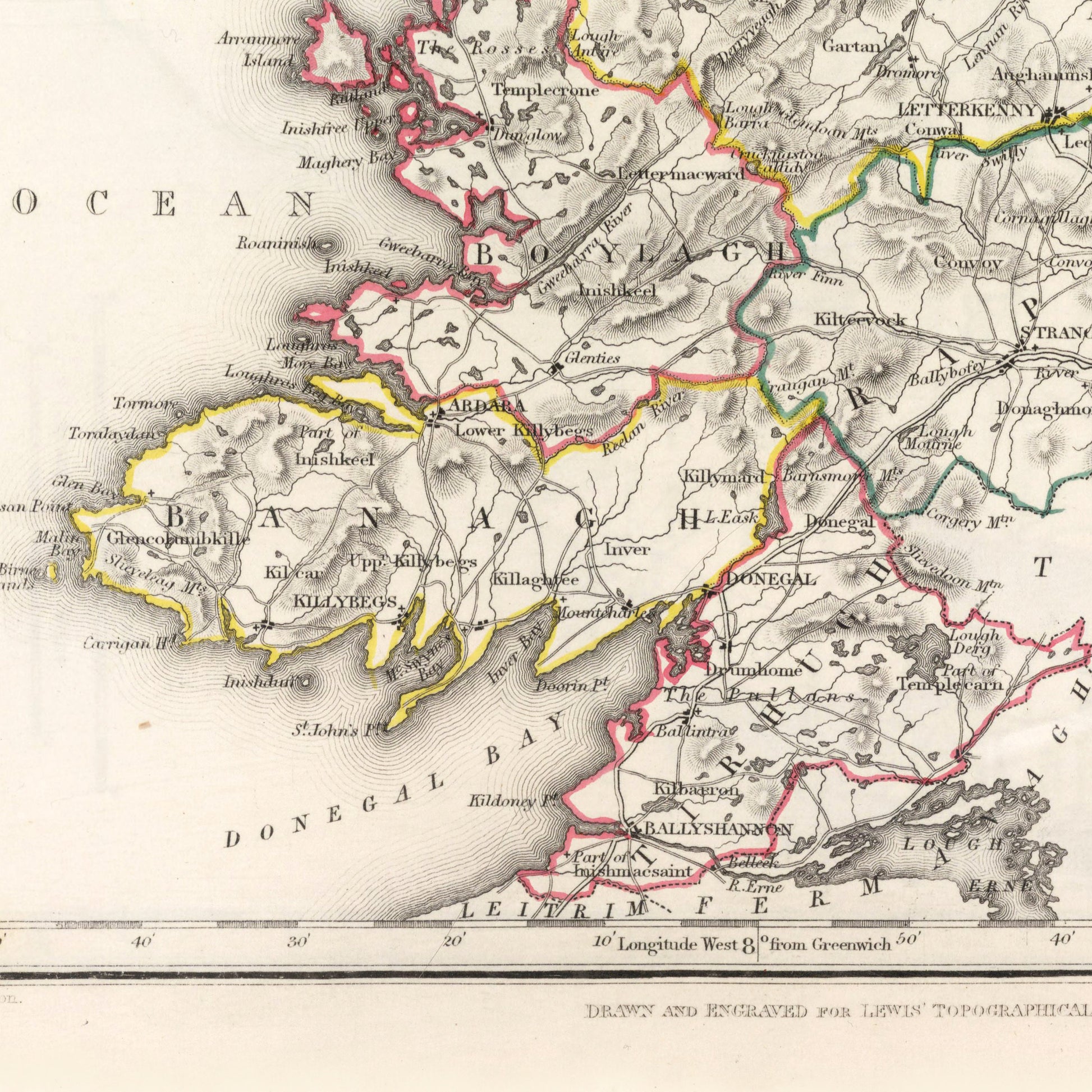 Donegal Map, Old Vintage Irish Print, Donegal County - Banagh - Tirhugh - Boylagh - Kilmacrenan - Inishowen - Ardara - Irish Poster