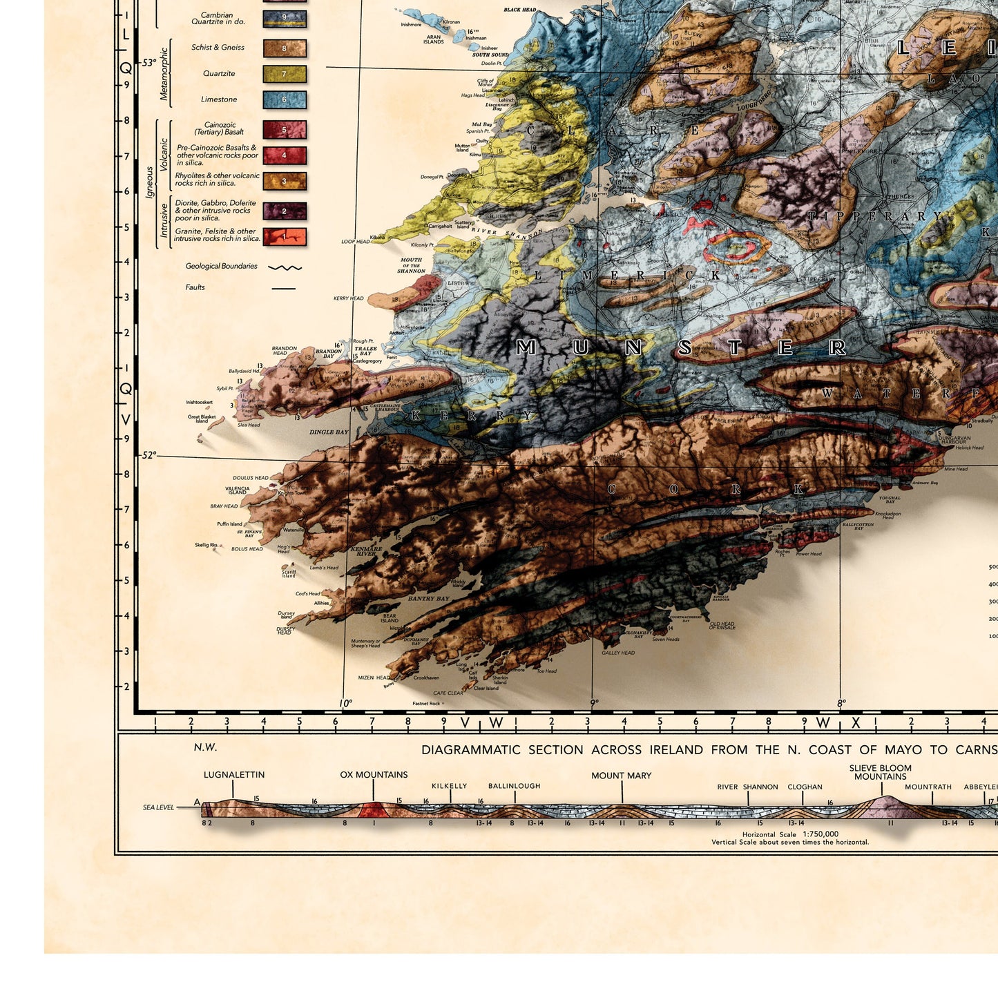 Ireland Map - Vintage Ireland Topo Map - Geological Print, Dublin, Limerick, Ulster, Connaught, Munster,Leinster