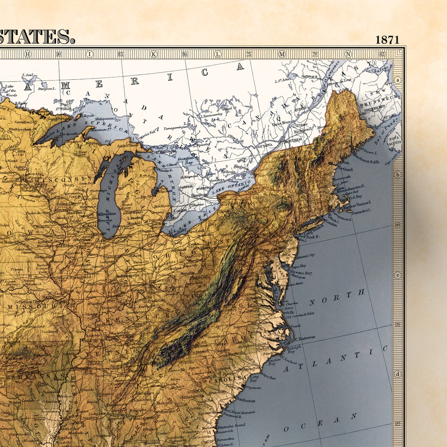 USA terrain relief map - 2D Giclée Print - 3D effect shaded relief Poster of the United States - - Vintage Style 1871 America Elevation Map