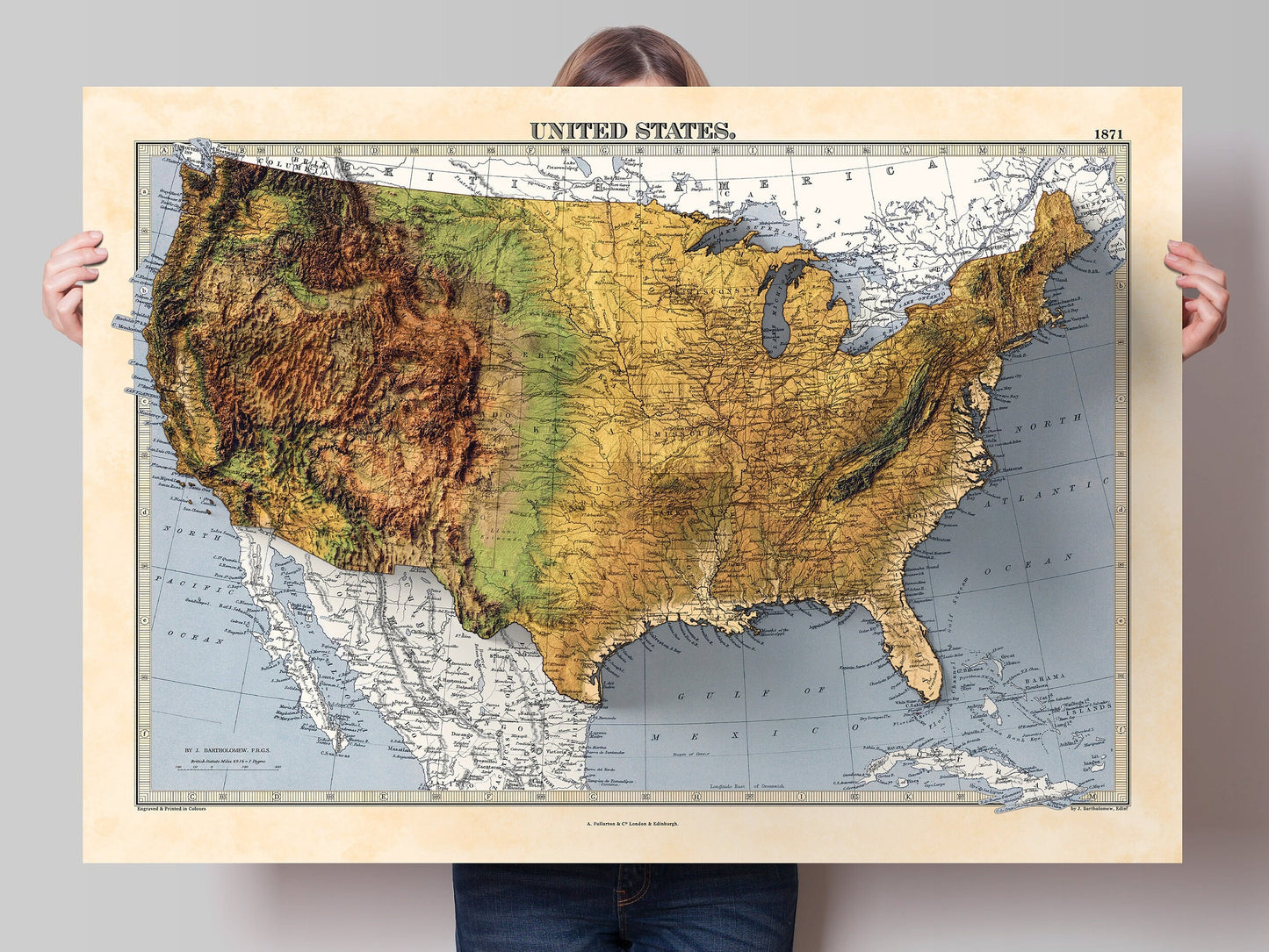 USA terrain relief map - 2D Giclée Print - 3D effect shaded relief Poster of the United States - - Vintage Style 1871 America Elevation Map