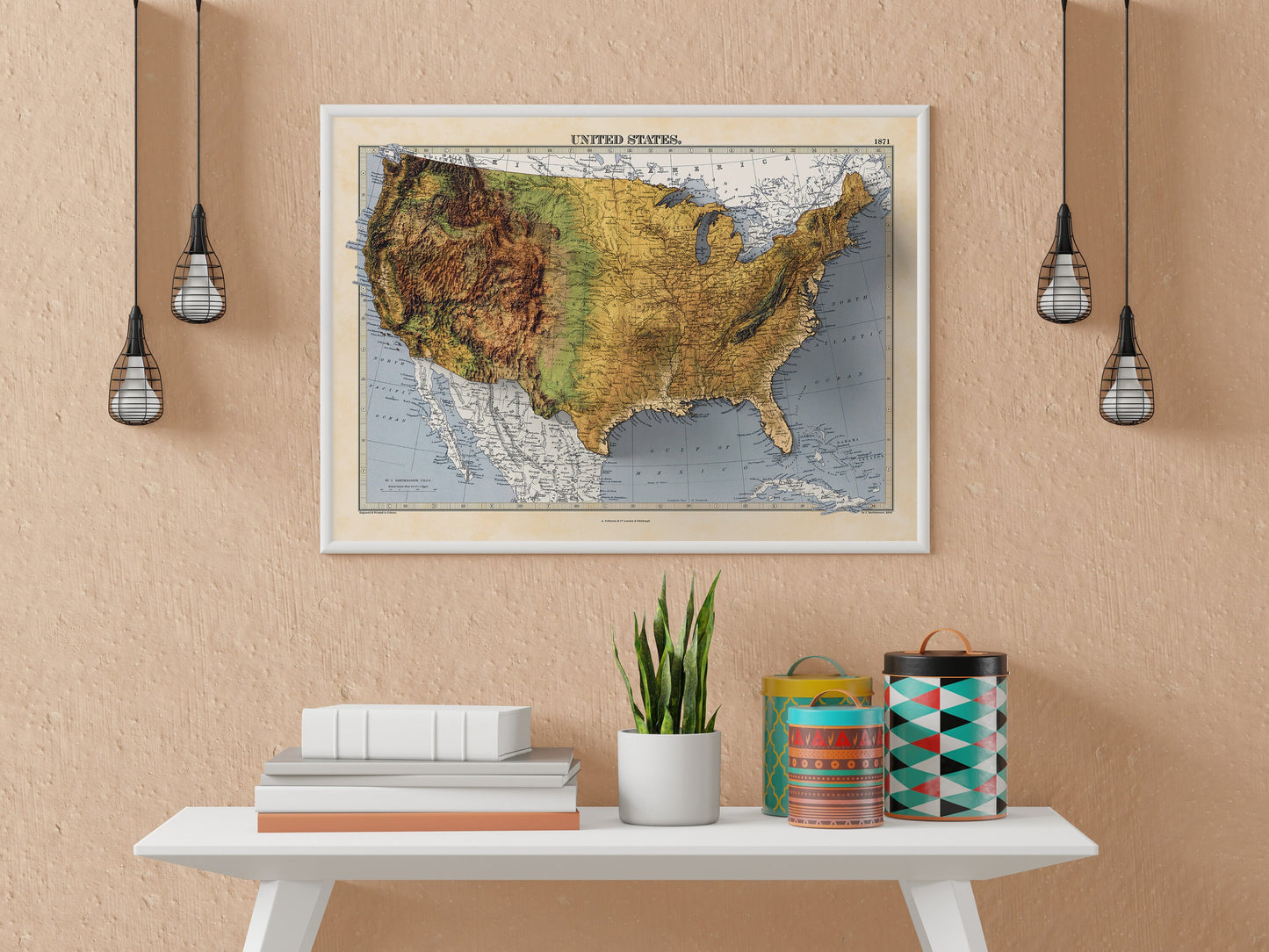 USA terrain relief map - 2D Giclée Print - 3D effect shaded relief Poster of the United States - - Vintage Style 1871 America Elevation Map