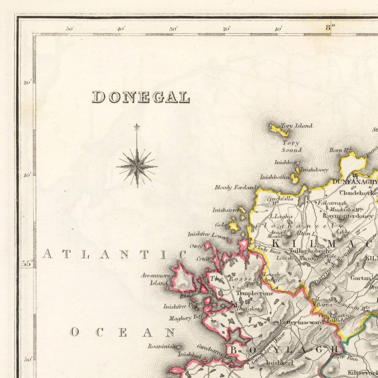 Donegal Map, Old Vintage Irish Print, Donegal County - Banagh - Tirhugh - Boylagh - Kilmacrenan - Inishowen - Ardara - Irish Poster