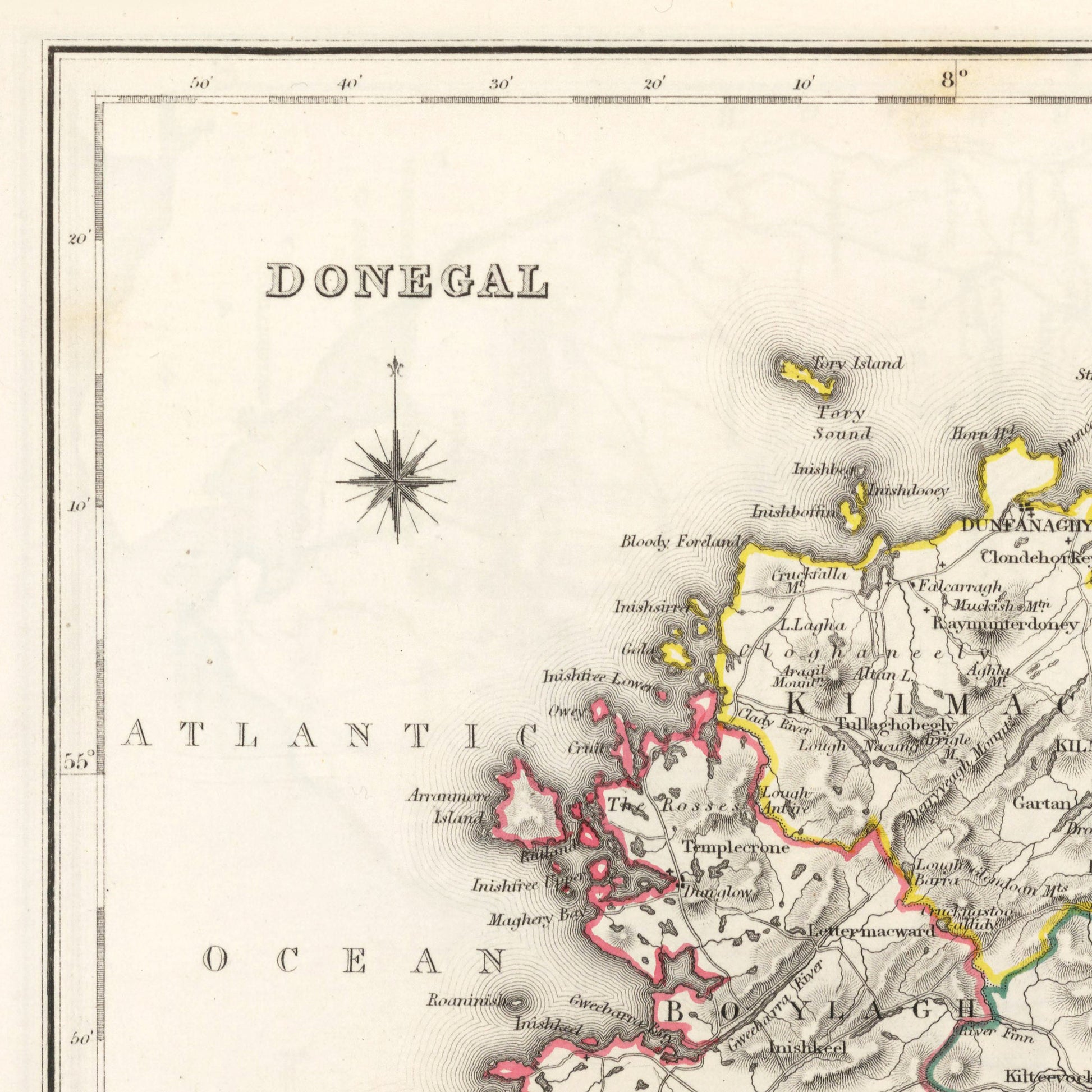 Donegal Map, Old Vintage Irish Print, Donegal County - Banagh - Tirhugh - Boylagh - Kilmacrenan - Inishowen - Ardara - Irish Poster