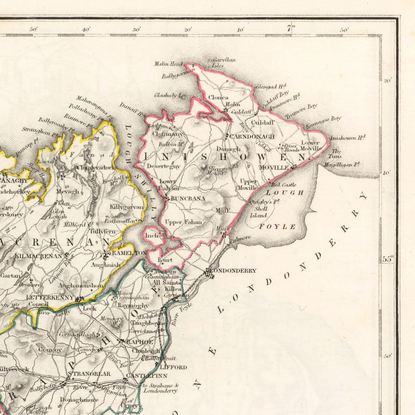 Donegal Map, Old Vintage Irish Print, Donegal County - Banagh - Tirhugh - Boylagh - Kilmacrenan - Inishowen - Ardara - Irish Poster