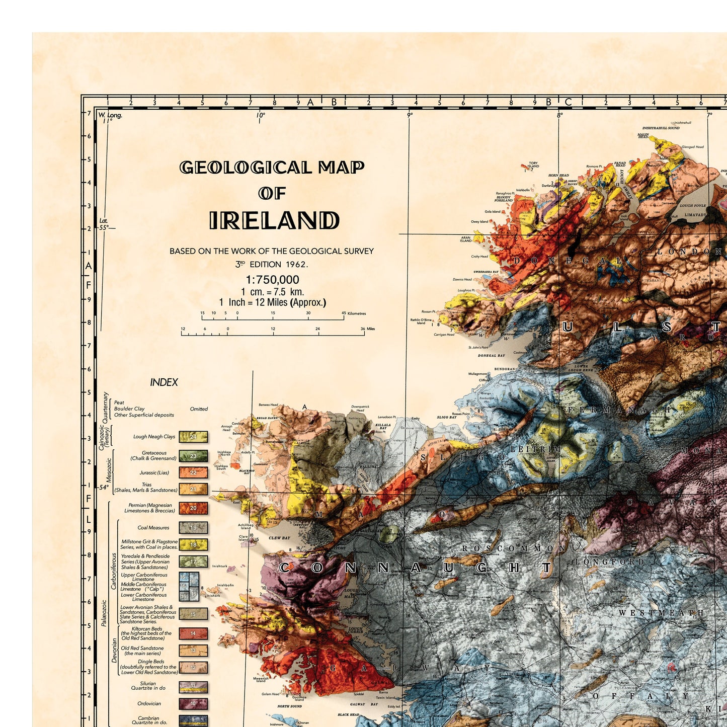 Ireland Map - Vintage Ireland Topo Map - Geological Print, Dublin, Limerick, Ulster, Connaught, Munster,Leinster
