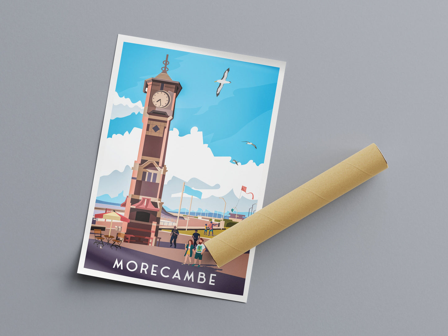 Morecambe Print | Clock Tower Promenade | English Travel Poster | England illustrated art poster | Travel Prints UK | Wall Decoration