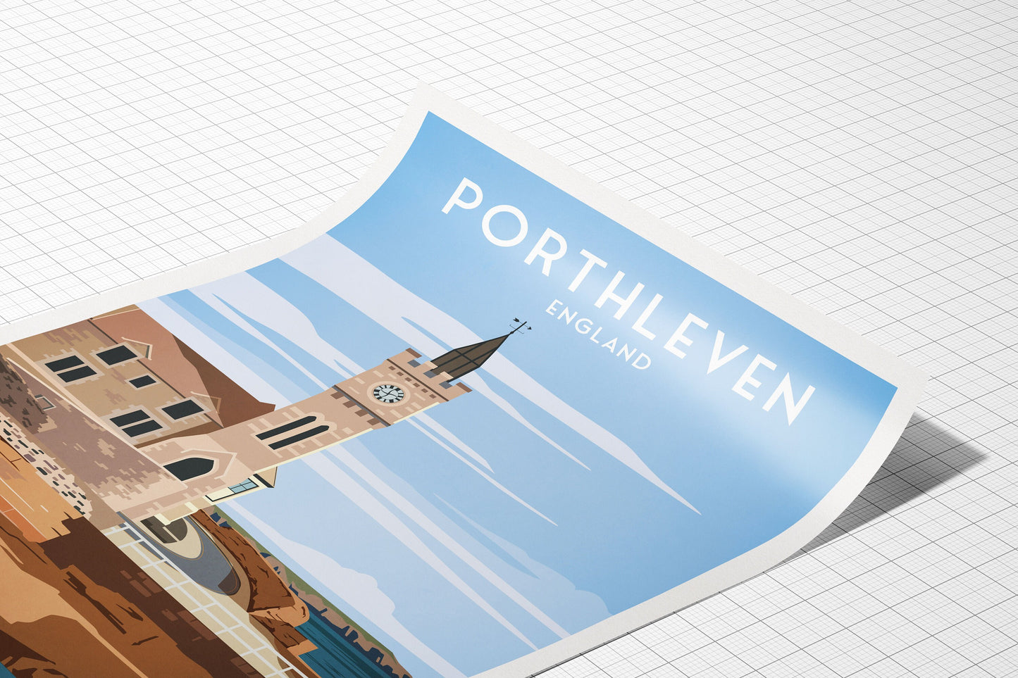 Porthleven Print - Travel Poster - Cornwall - England - Clock Tower - Porthleven Harbour