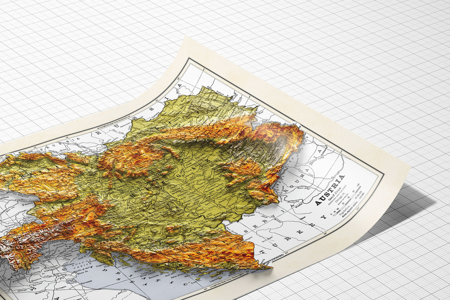 Austria Map - 2D Shaded relief Map with 3D effect - Bartholomew Print - Austro Hungarian Empire poster - Bohemia - Hungary - Galicia