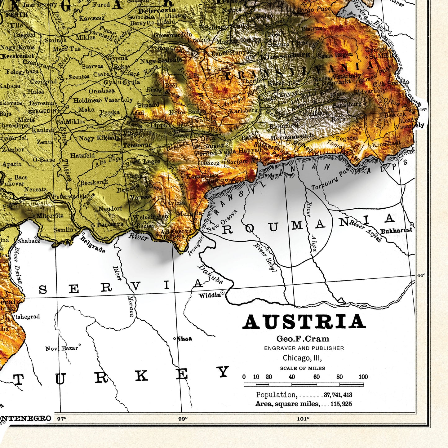 Austria Map - 2D Shaded relief Map with 3D effect - Bartholomew Print - Austro Hungarian Empire poster - Bohemia - Hungary - Galicia