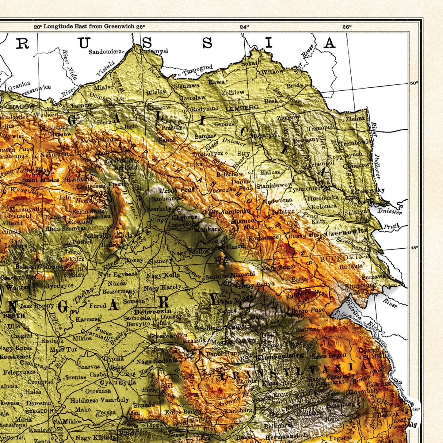 Austria Map - 2D Shaded relief Map with 3D effect - Bartholomew Print - Austro Hungarian Empire poster - Bohemia - Hungary - Galicia