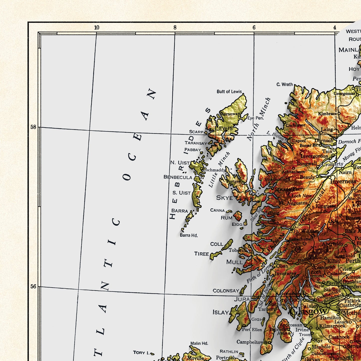 British Isles Map - 1943 - 2D shaded relief - United Kingdom - England - Ireland - Wales - Ireland - Northern Island - Wall Art