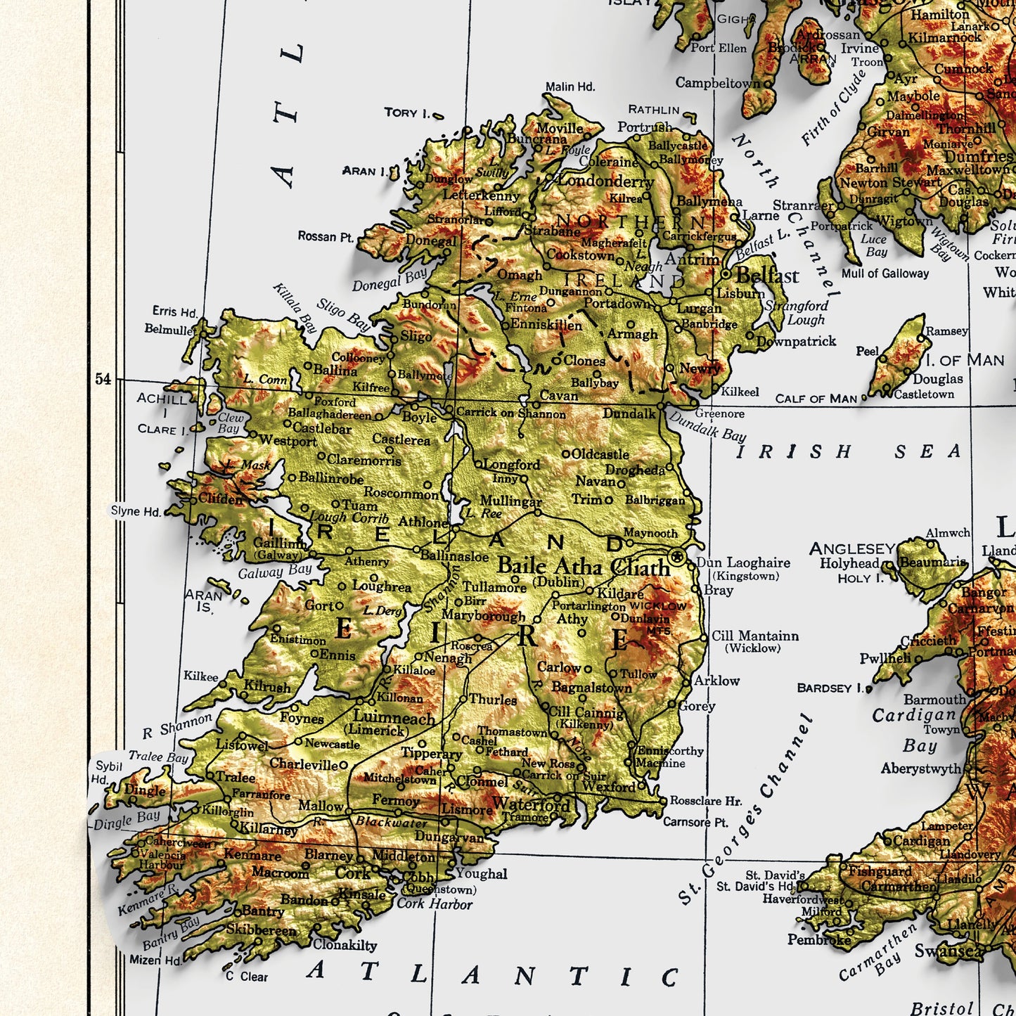 British Isles Map - 1943 - 2D shaded relief - United Kingdom - England - Ireland - Wales - Ireland - Northern Island - Wall Art