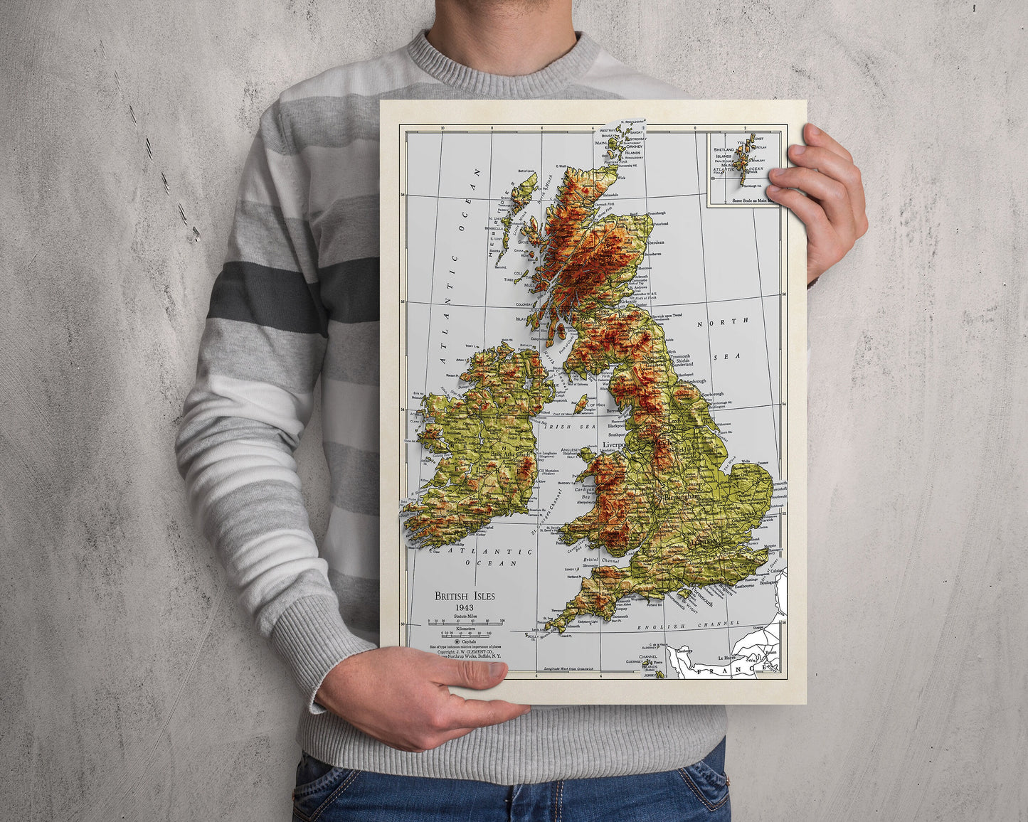 British Isles Map - 1943 - 2D shaded relief - United Kingdom - England - Ireland - Wales - Ireland - Northern Island - Wall Art