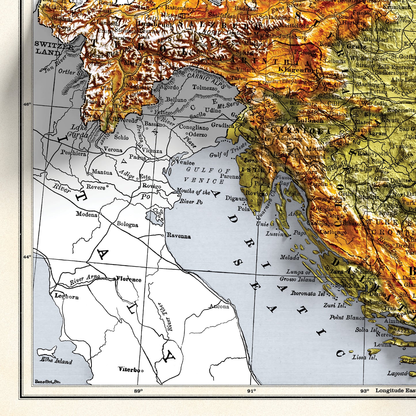 Austria Map - 2D Shaded relief Map with 3D effect - Bartholomew Print - Austro Hungarian Empire poster - Bohemia - Hungary - Galicia