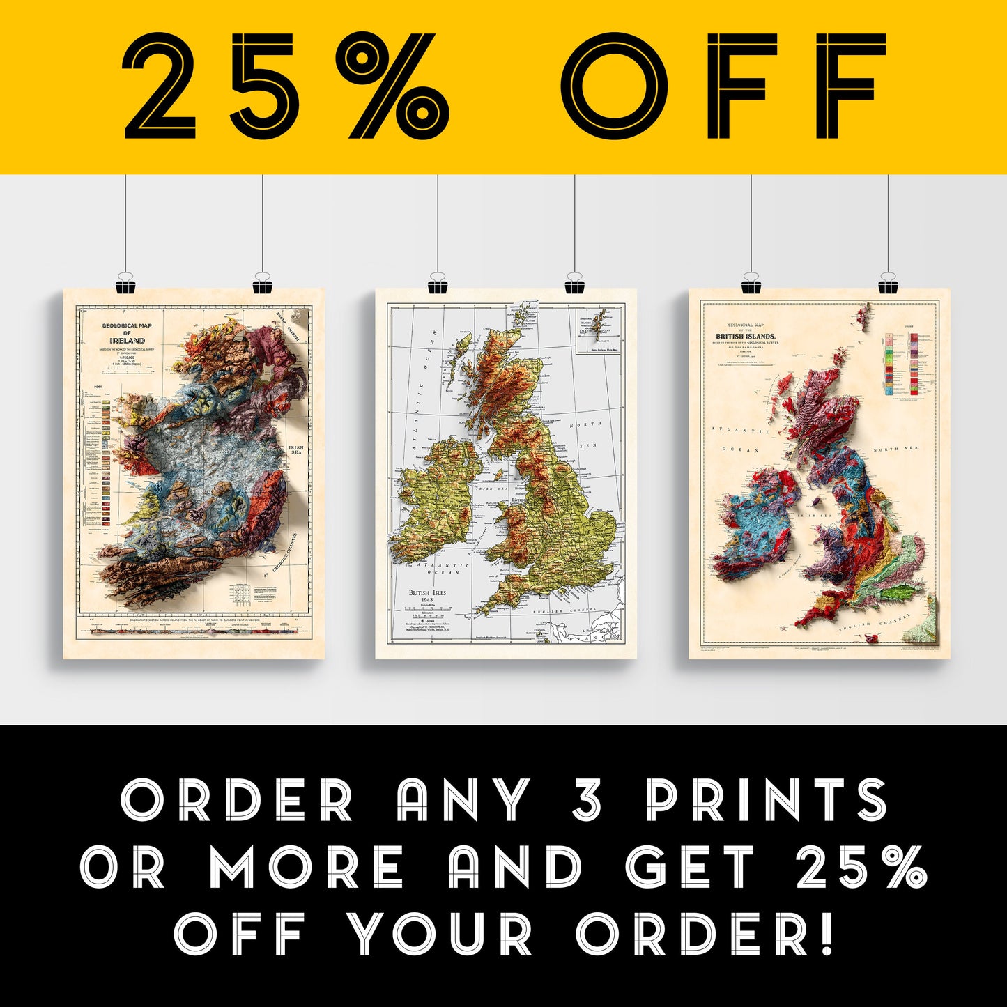 British Isles Map - 1943 - 2D shaded relief - United Kingdom - England - Ireland - Wales - Ireland - Northern Island - Wall Art