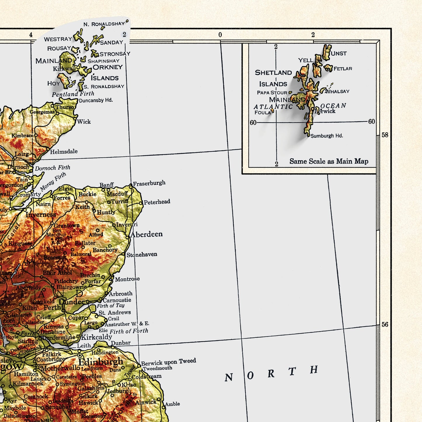 British Isles Map - 1943 - 2D shaded relief - United Kingdom - England - Ireland - Wales - Ireland - Northern Island - Wall Art