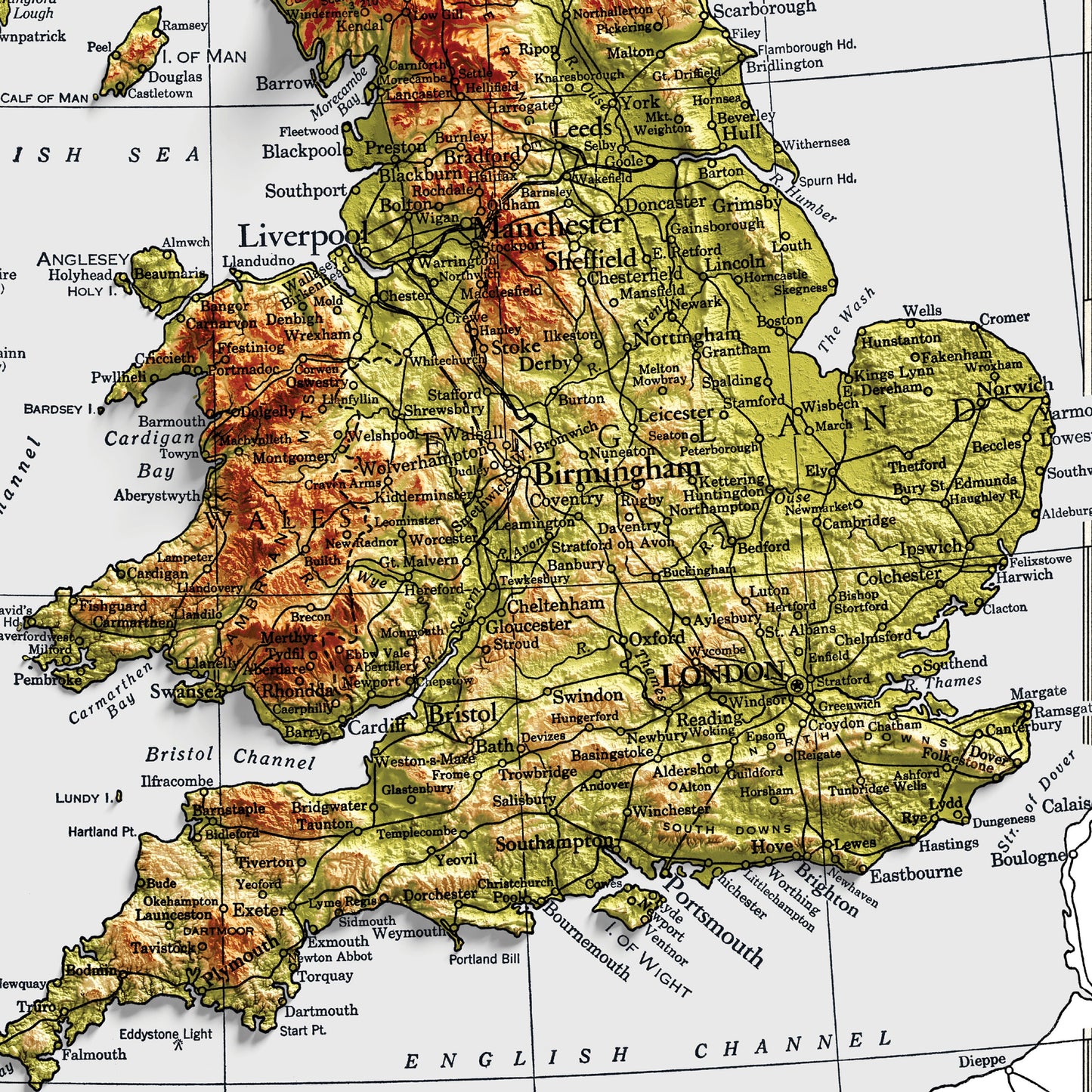 British Isles Map - 1943 - 2D shaded relief - United Kingdom - England - Ireland - Wales - Ireland - Northern Island - Wall Art