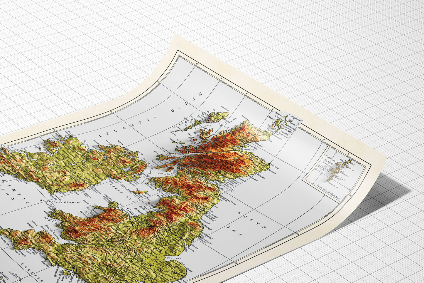 British Isles Map - 1943 - 2D shaded relief - United Kingdom - England - Ireland - Wales - Ireland - Northern Island - Wall Art