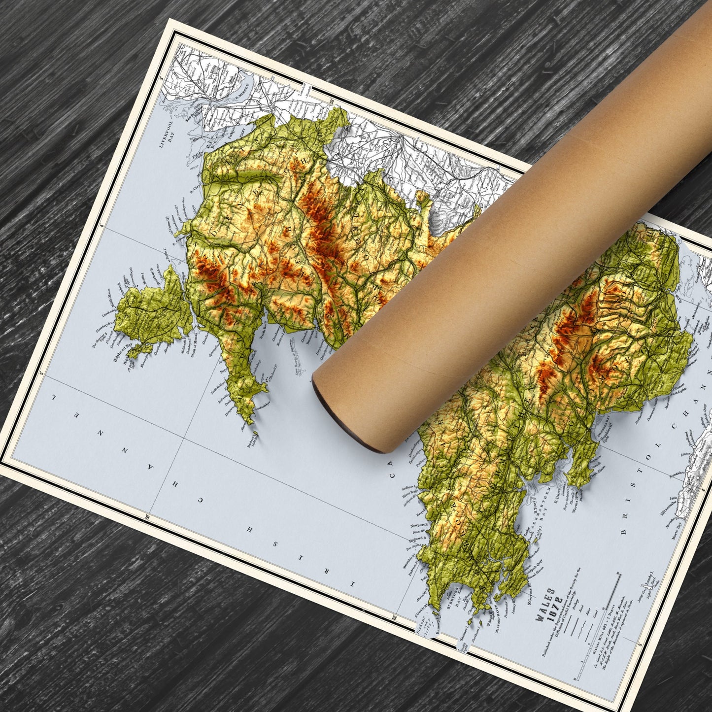 Wales Map - Cymru Elevation Map - 1872 - 2D Welsh Vintage Poster - 3D effect shaded relief Print