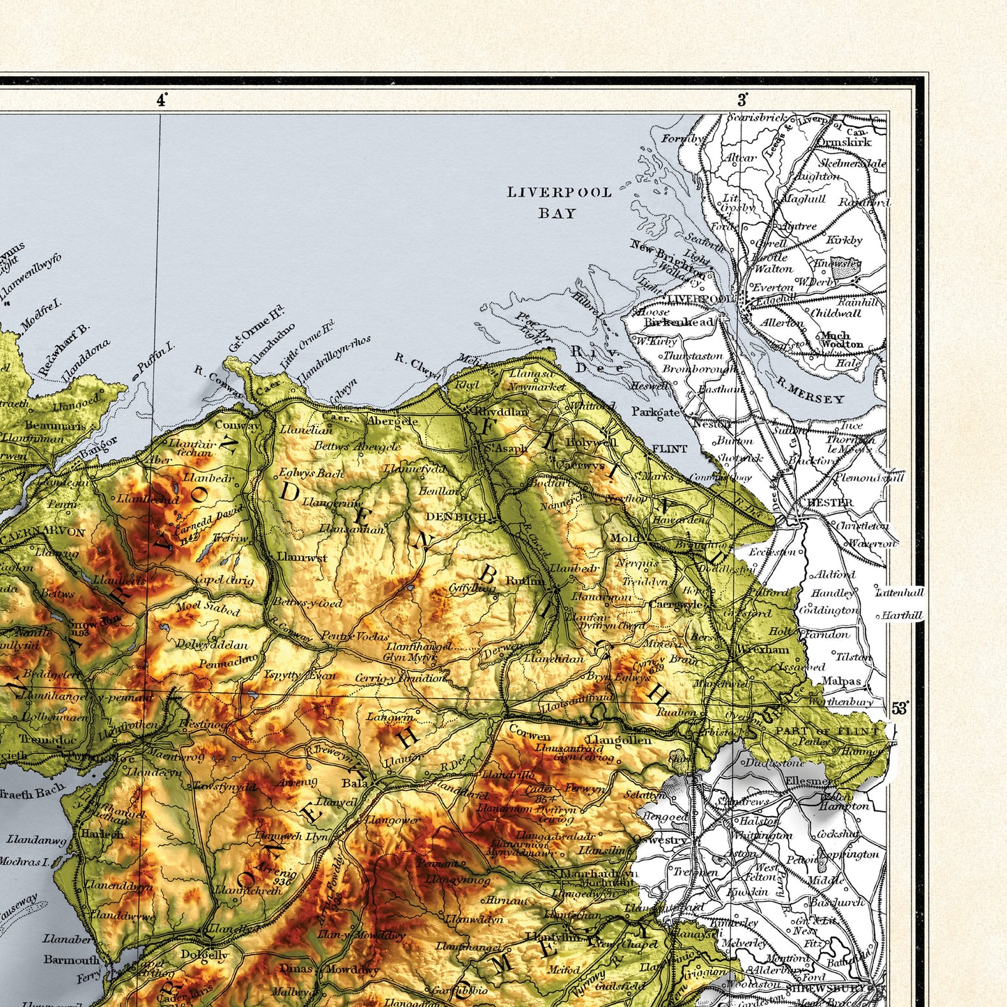 Wales Map - Cymru Elevation Map - 1872 - 2D Welsh Vintage Poster - 3D effect shaded relief Print
