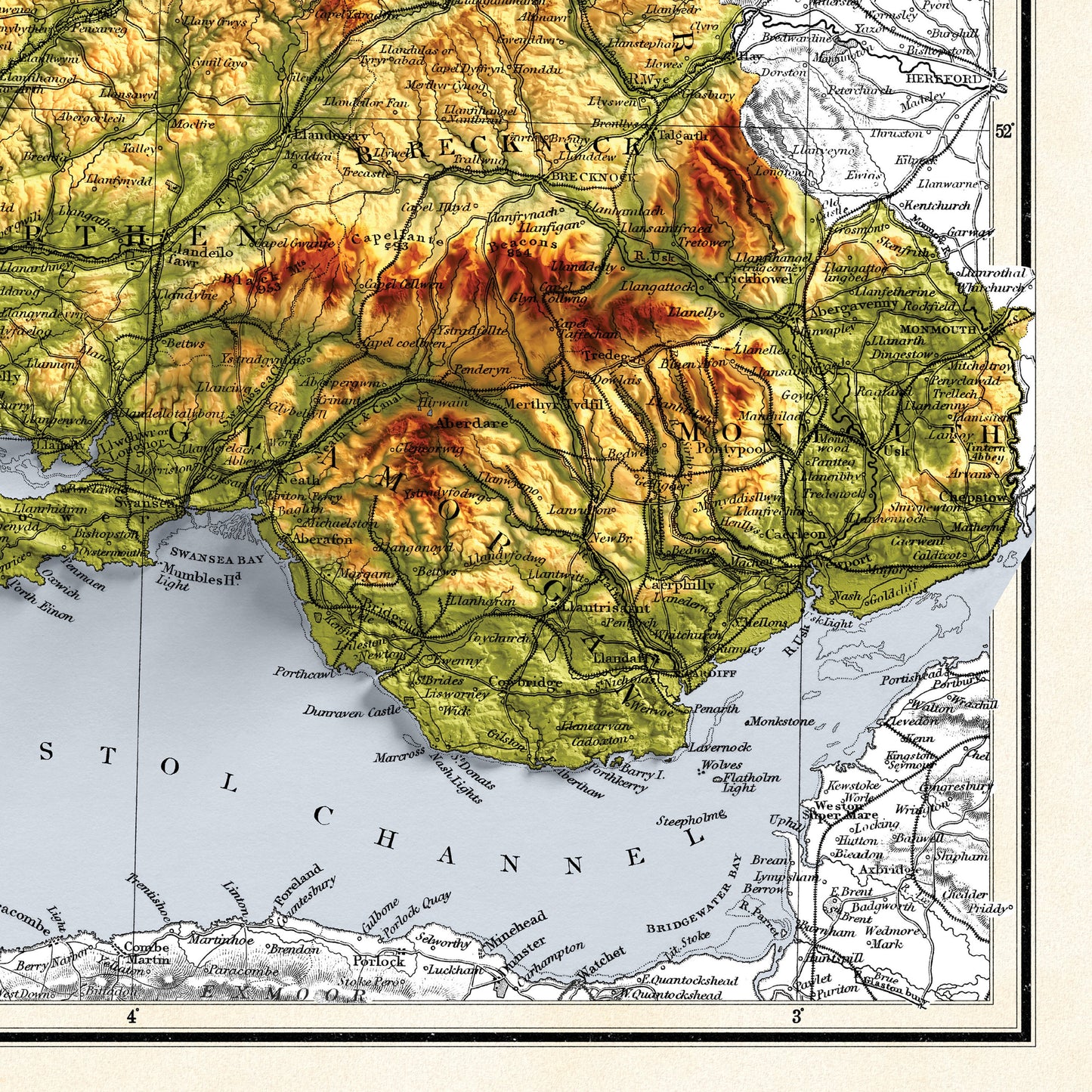 Wales Map - Cymru Elevation Map - 1872 - 2D Welsh Vintage Poster - 3D effect shaded relief Print