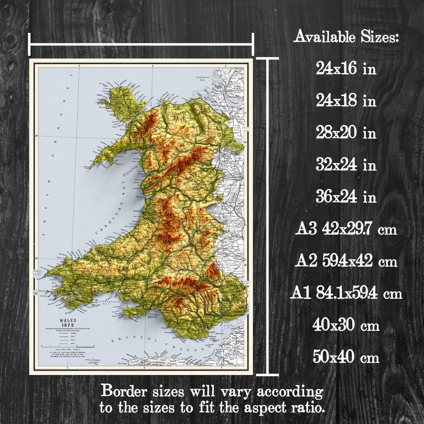 Wales Map - Cymru Elevation Map - 1872 - 2D Welsh Vintage Poster - 3D effect shaded relief Print