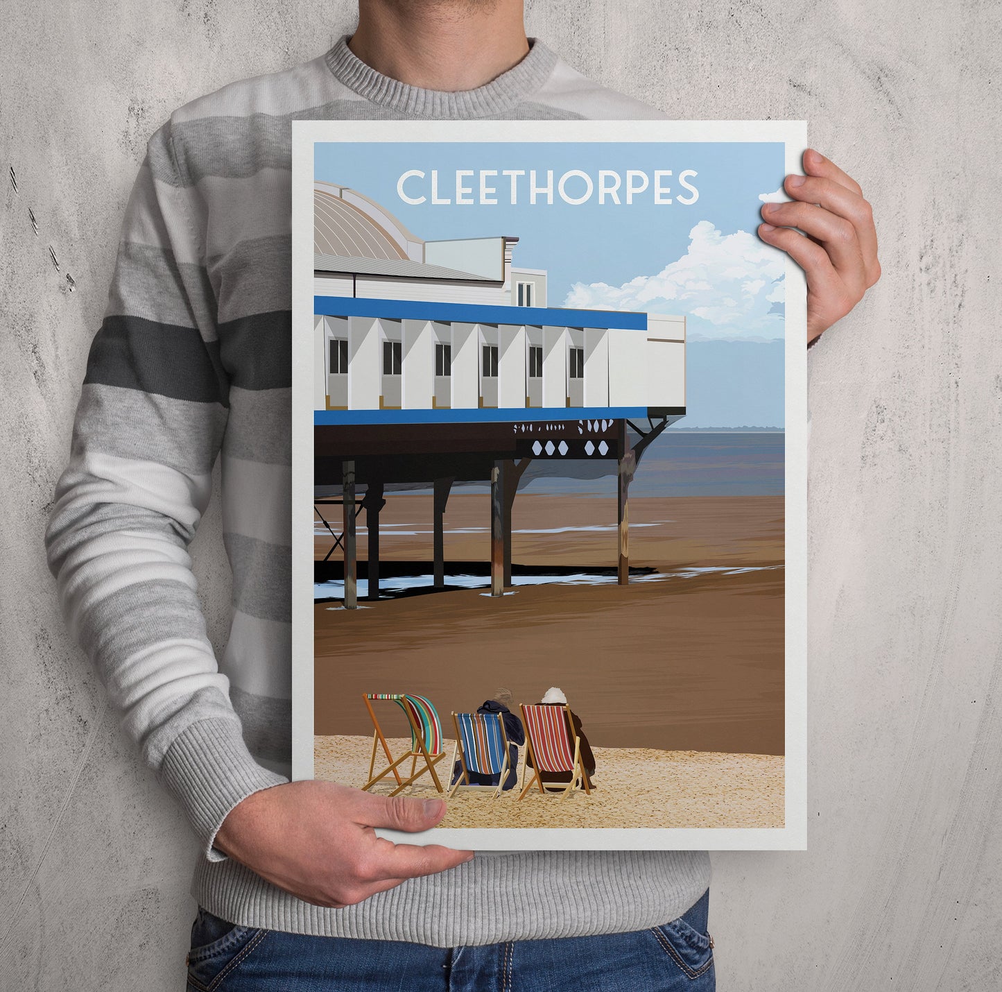 Cleethorpes Print - Deck Chairs at the Pier - England Travel Poster - North East Lincolnshire - Coastal Wall Art - A3, A2, A1 Sizes