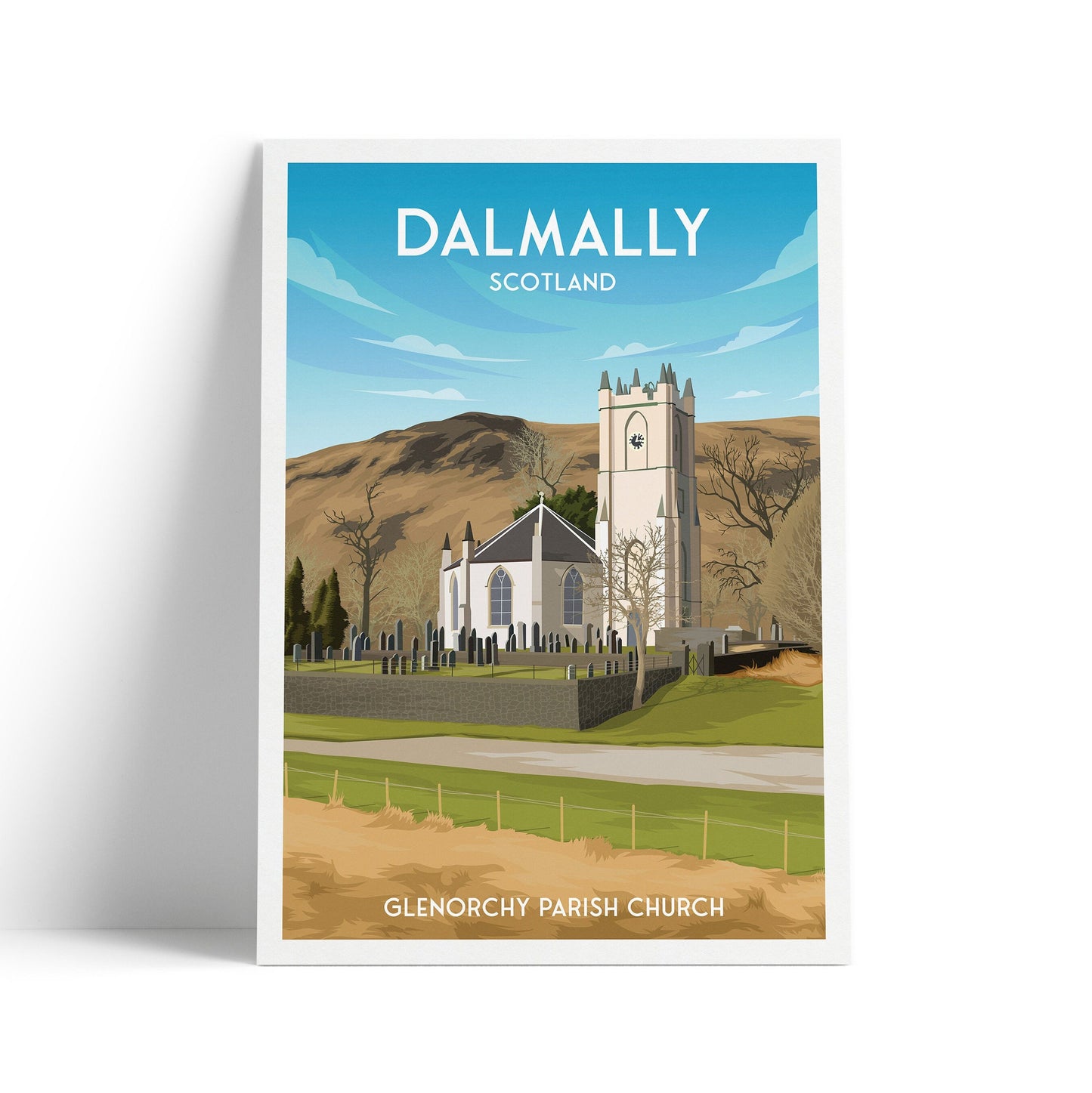 Dalmally Print - Travel Poster - Argyll and Bute - Glenorchy Parish Church - Scotland