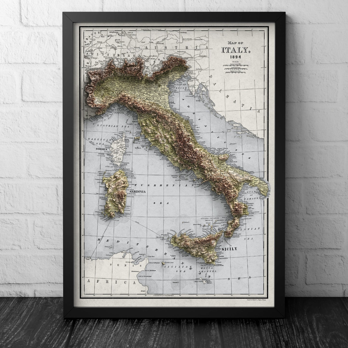 Italy Map - 1894 Vintage Italy Shaded Relief Map - Lombardy - Emilia - Rome - Corsica - Tuscany - Latium - Campania - Sardinia