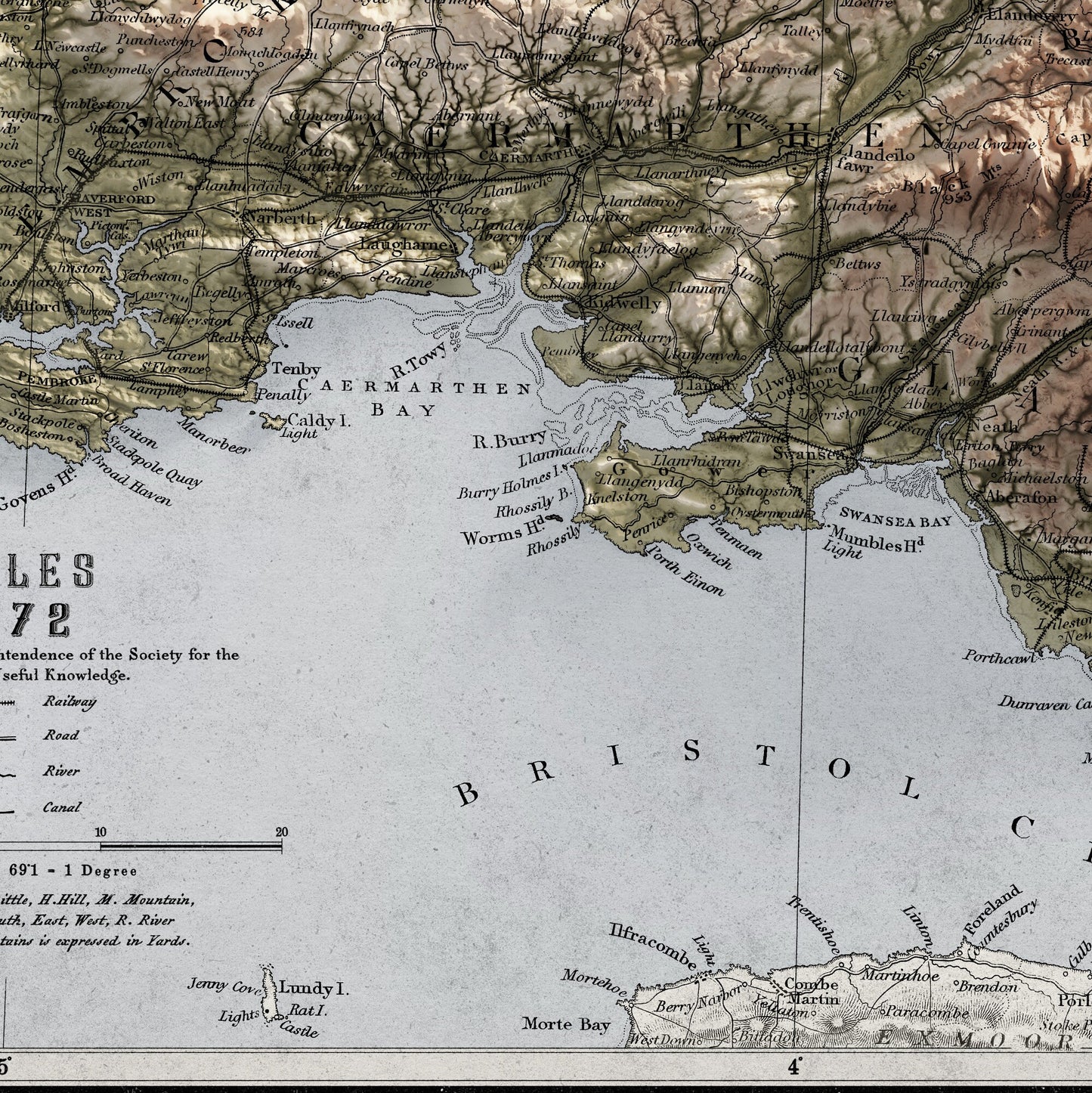 Wales Map - Vintage Cymru Elevation Map - 1872 - 2D Welsh Poster - 3D effect shaded relief Print