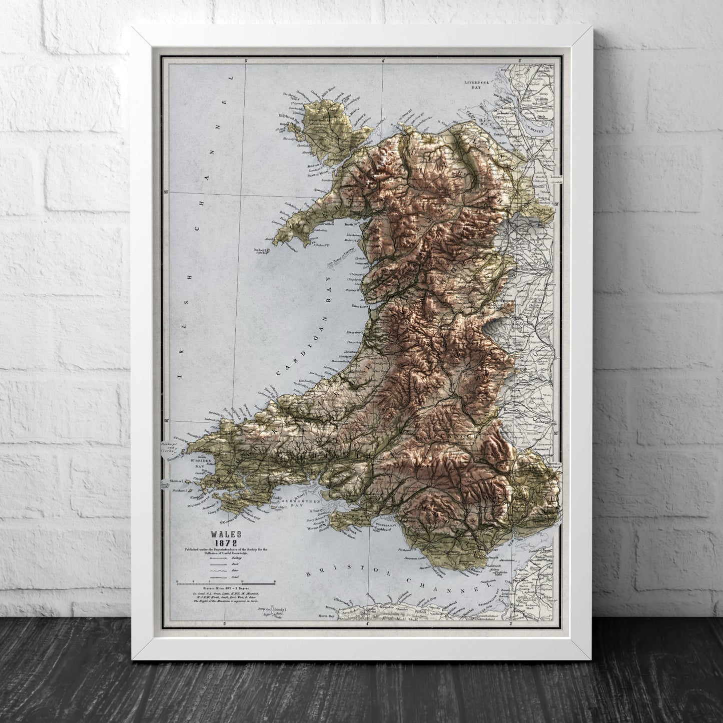 Wales Map - Vintage Cymru Elevation Map - 1872 - 2D Welsh Poster - 3D effect shaded relief Print