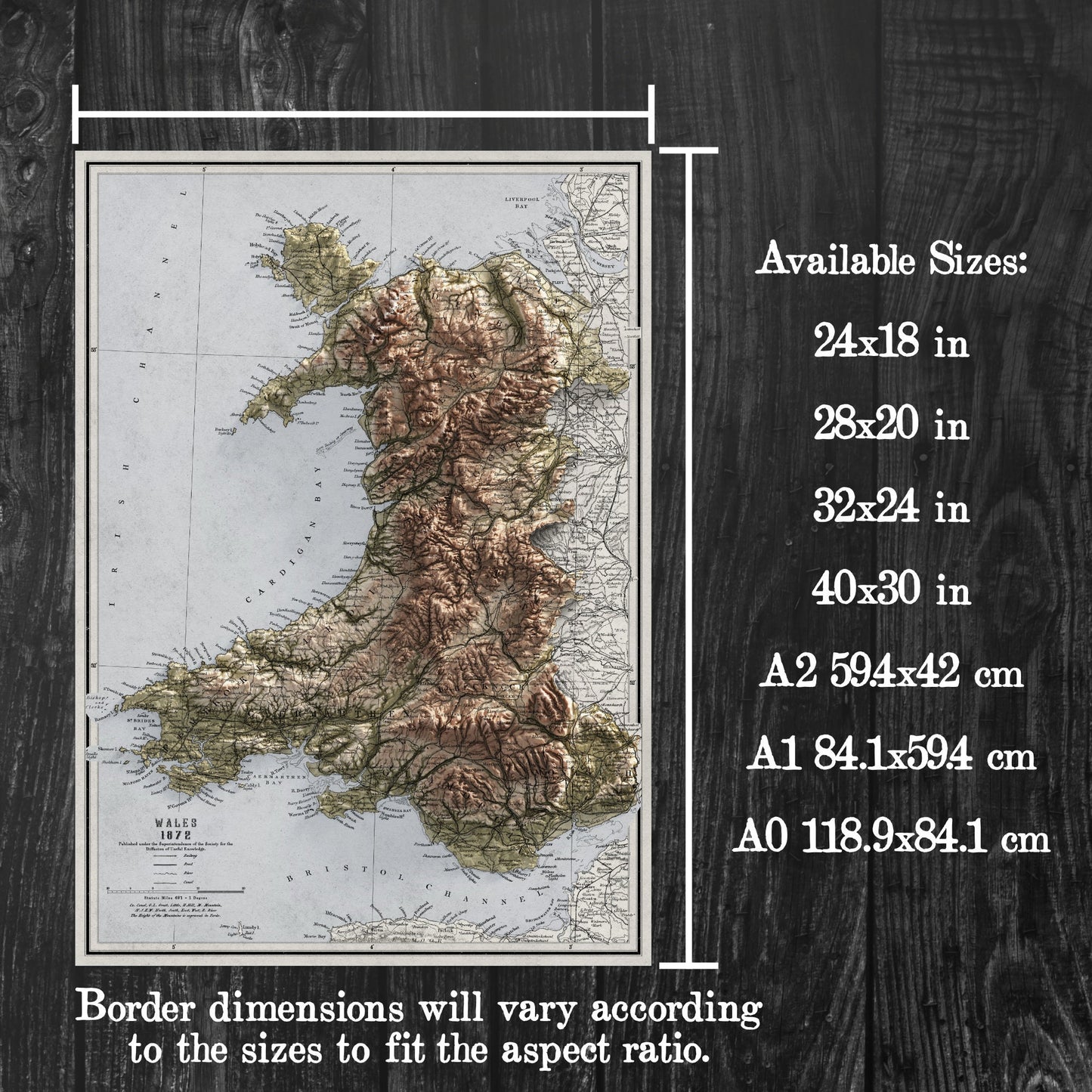 Wales Map - Vintage Cymru Elevation Map - 1872 - 2D Welsh Poster - 3D effect shaded relief Print